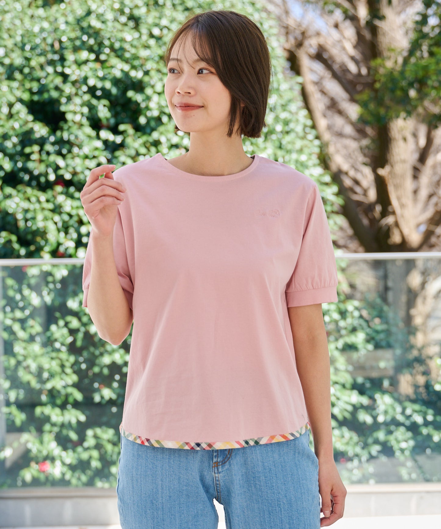 さらラクカットソー パーマーヘムパイピングTシャツ