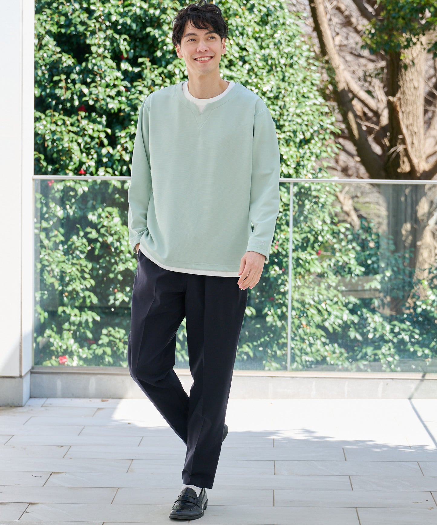 ドライリップル キーネックフェイクレイヤード ロングTシャツ