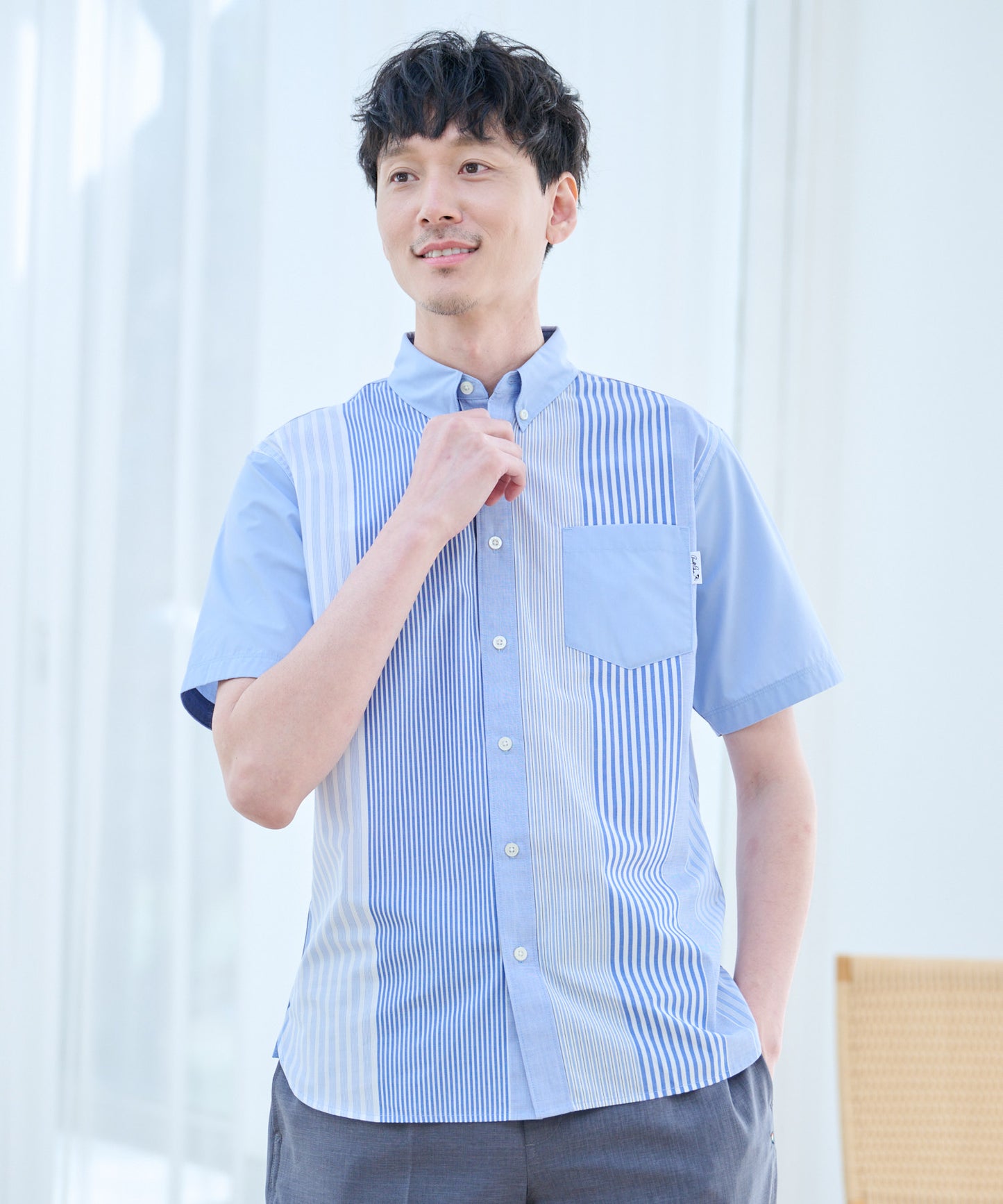 【TIME SALE】パネルランダムストライプ半袖シャツ