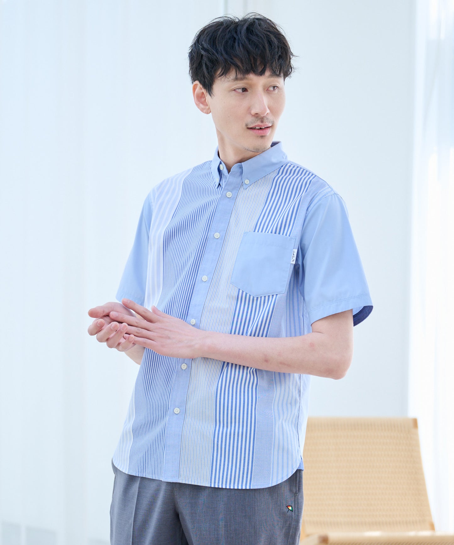 【TIME SALE】パネルランダムストライプ半袖シャツ
