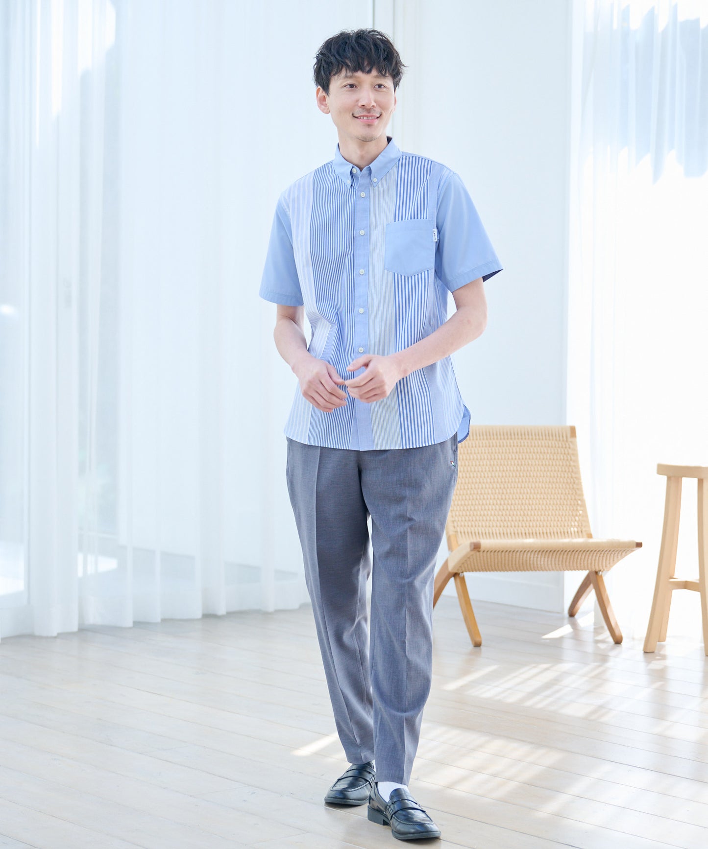 【TIME SALE】パネルランダムストライプ半袖シャツ