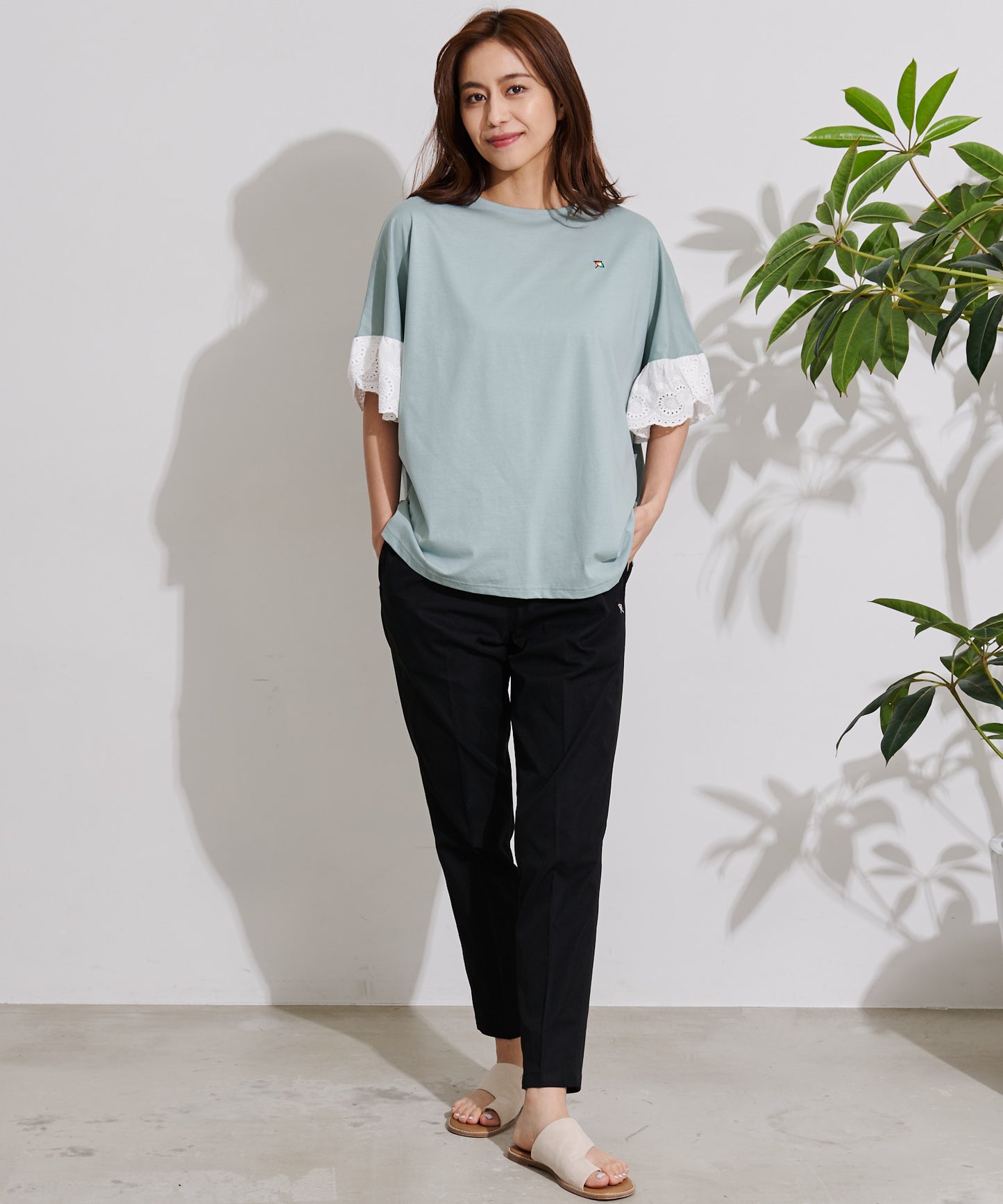 【残り3点】袖レース シルケット天竺Tシャツ