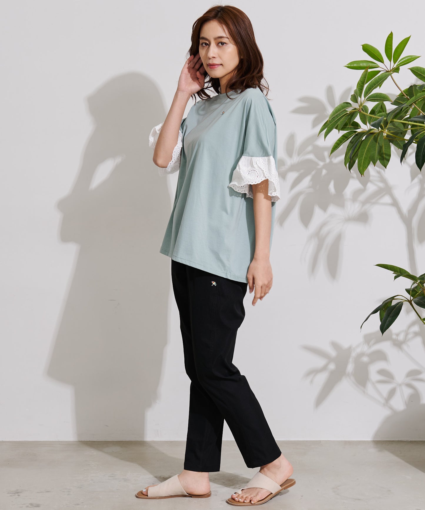 【残り3点】袖レース シルケット天竺Tシャツ