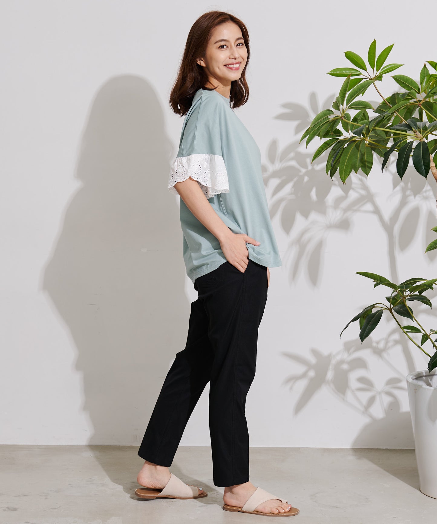 【残り3点】袖レース シルケット天竺Tシャツ