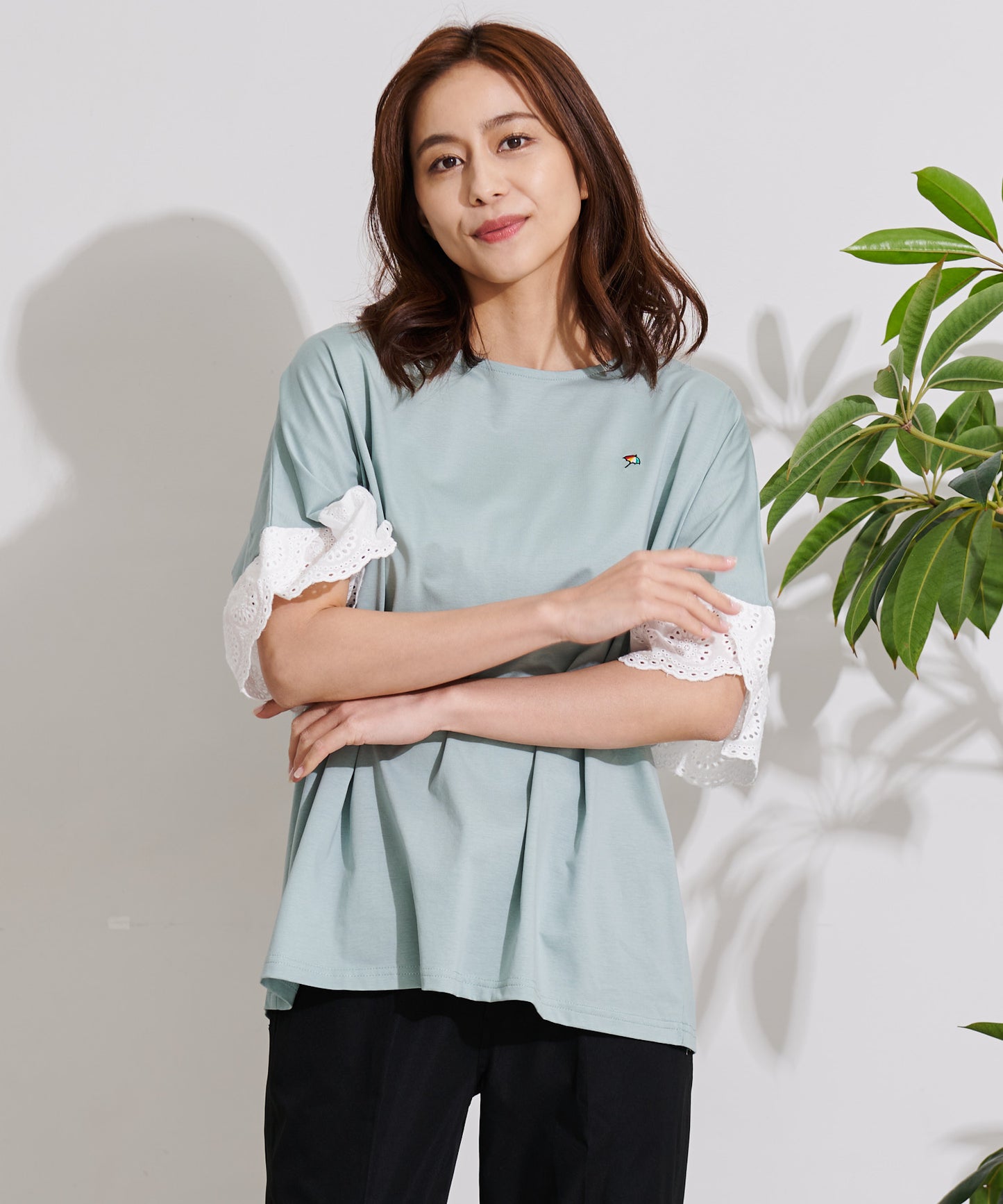 【残り3点】袖レース シルケット天竺Tシャツ