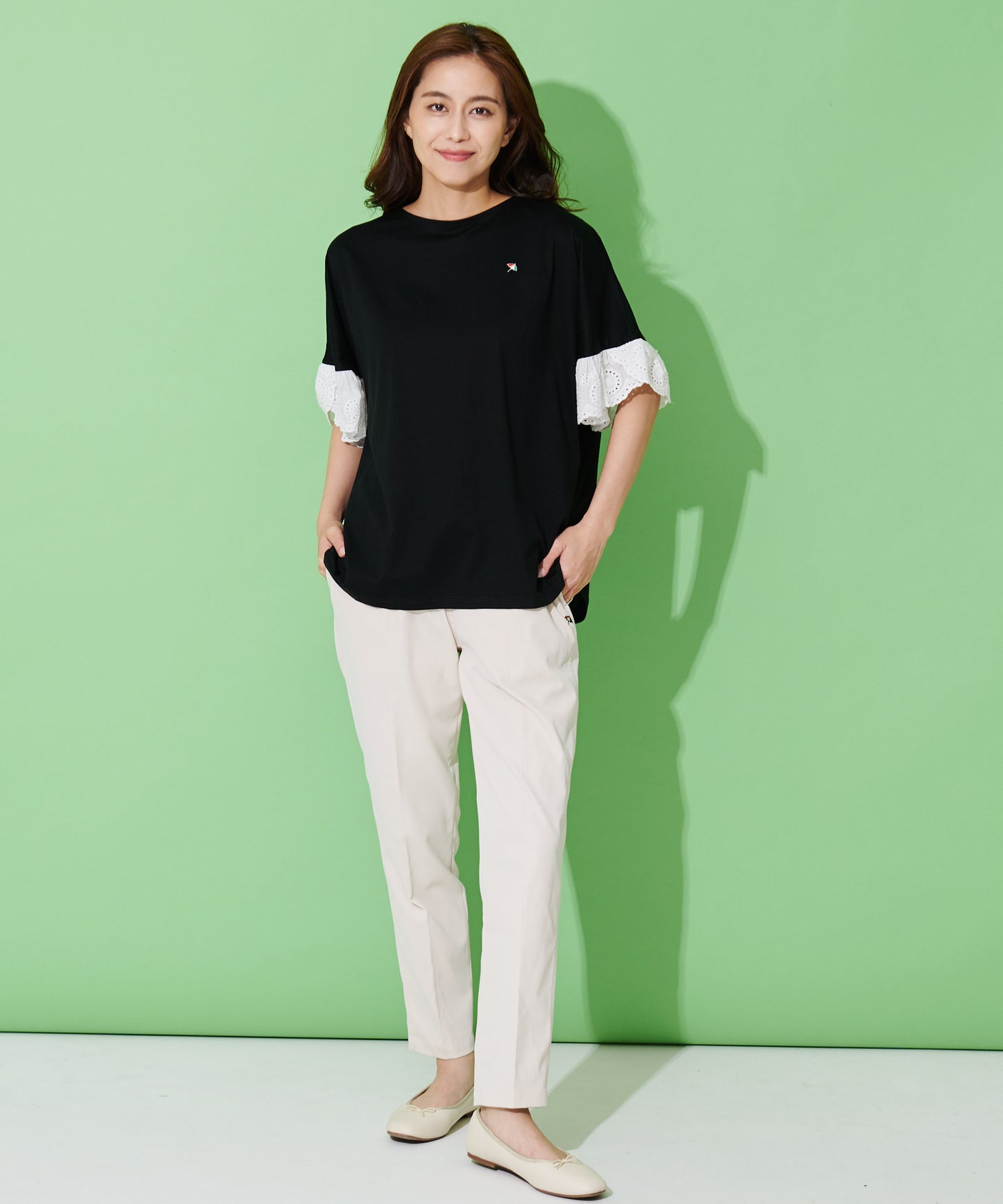 【残り3点】袖レース シルケット天竺Tシャツ