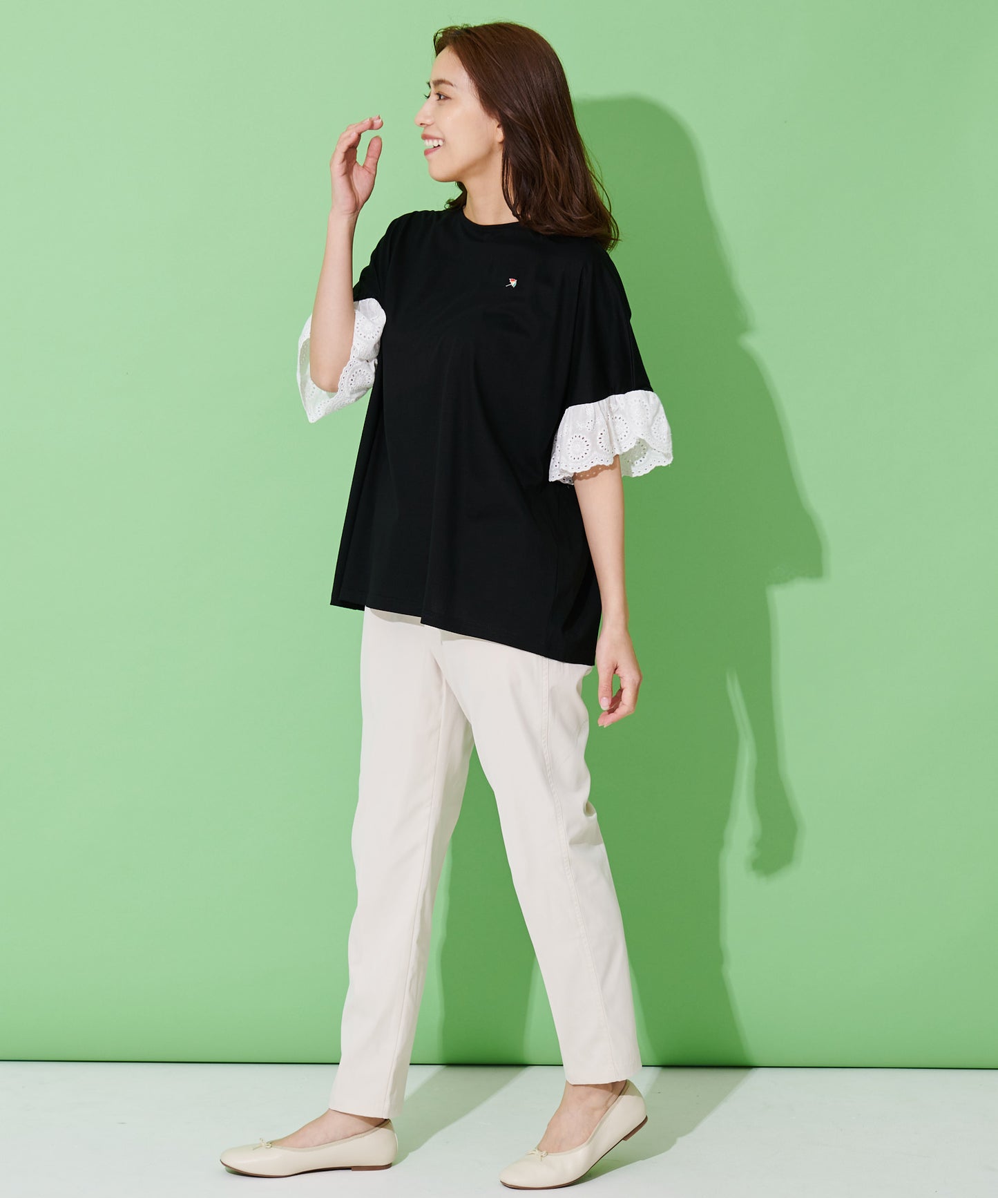 【残り3点】袖レース シルケット天竺Tシャツ