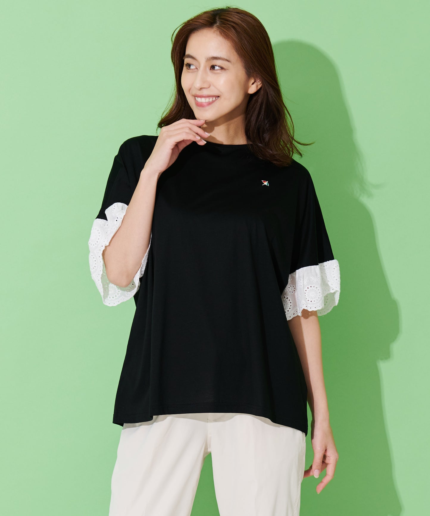 【残り3点】袖レース シルケット天竺Tシャツ