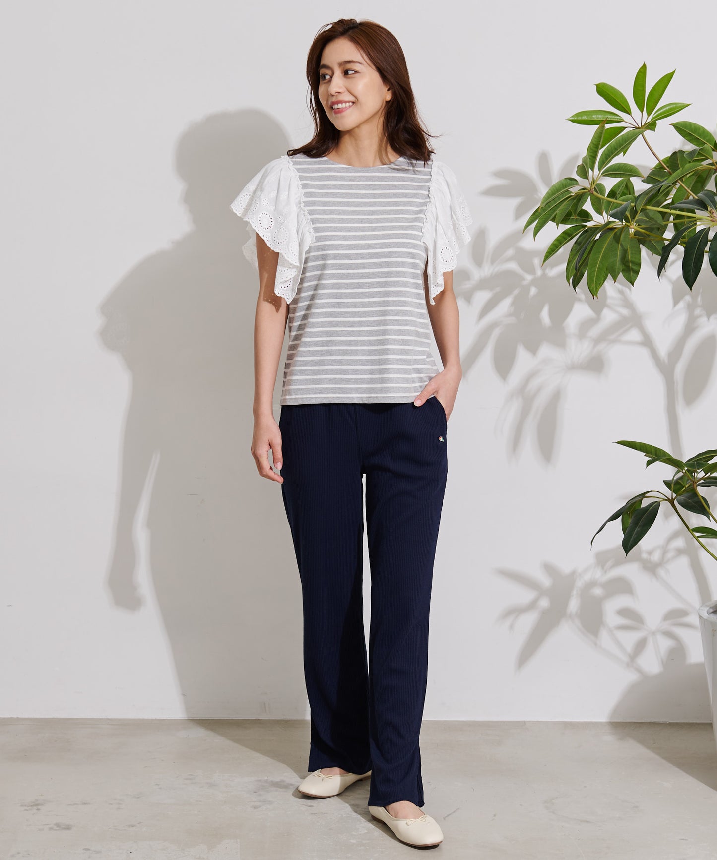 袖レース フレンチスリーブボーダーTシャツ
