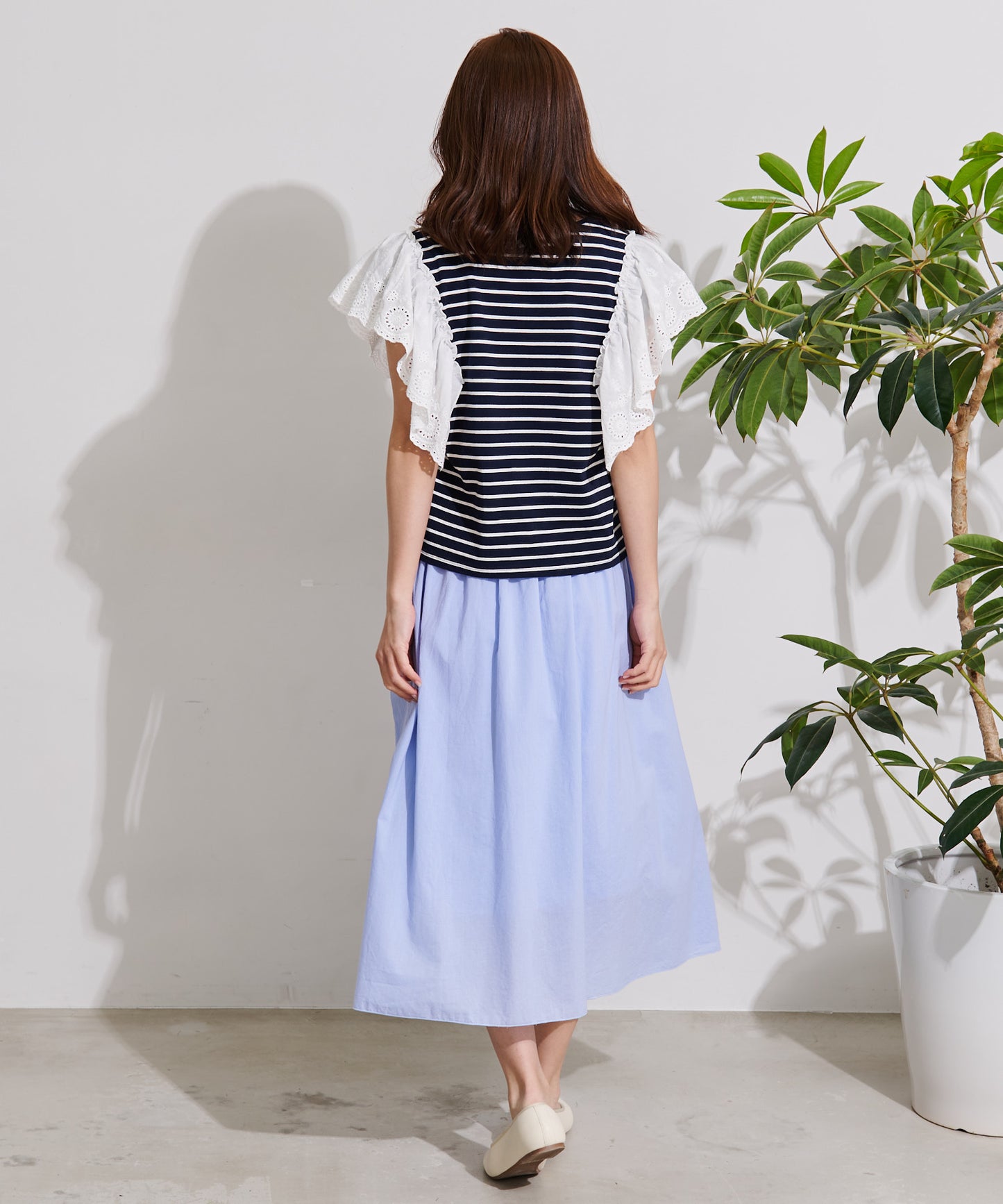 袖レース フレンチスリーブボーダーTシャツ