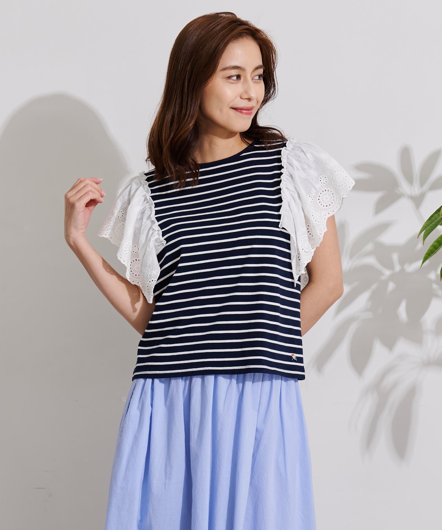 袖レース フレンチスリーブボーダーTシャツ