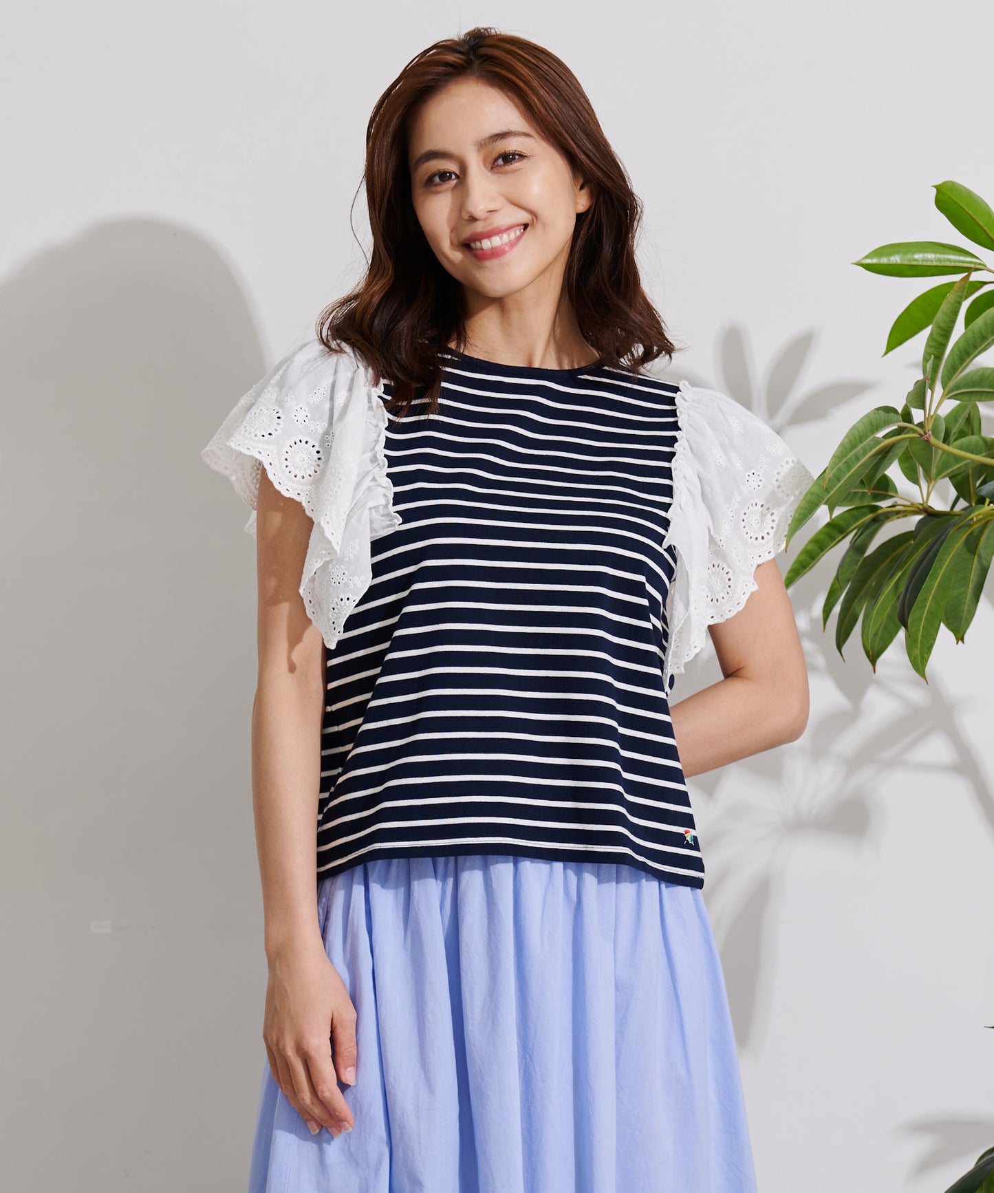 袖レース フレンチスリーブボーダーTシャツ