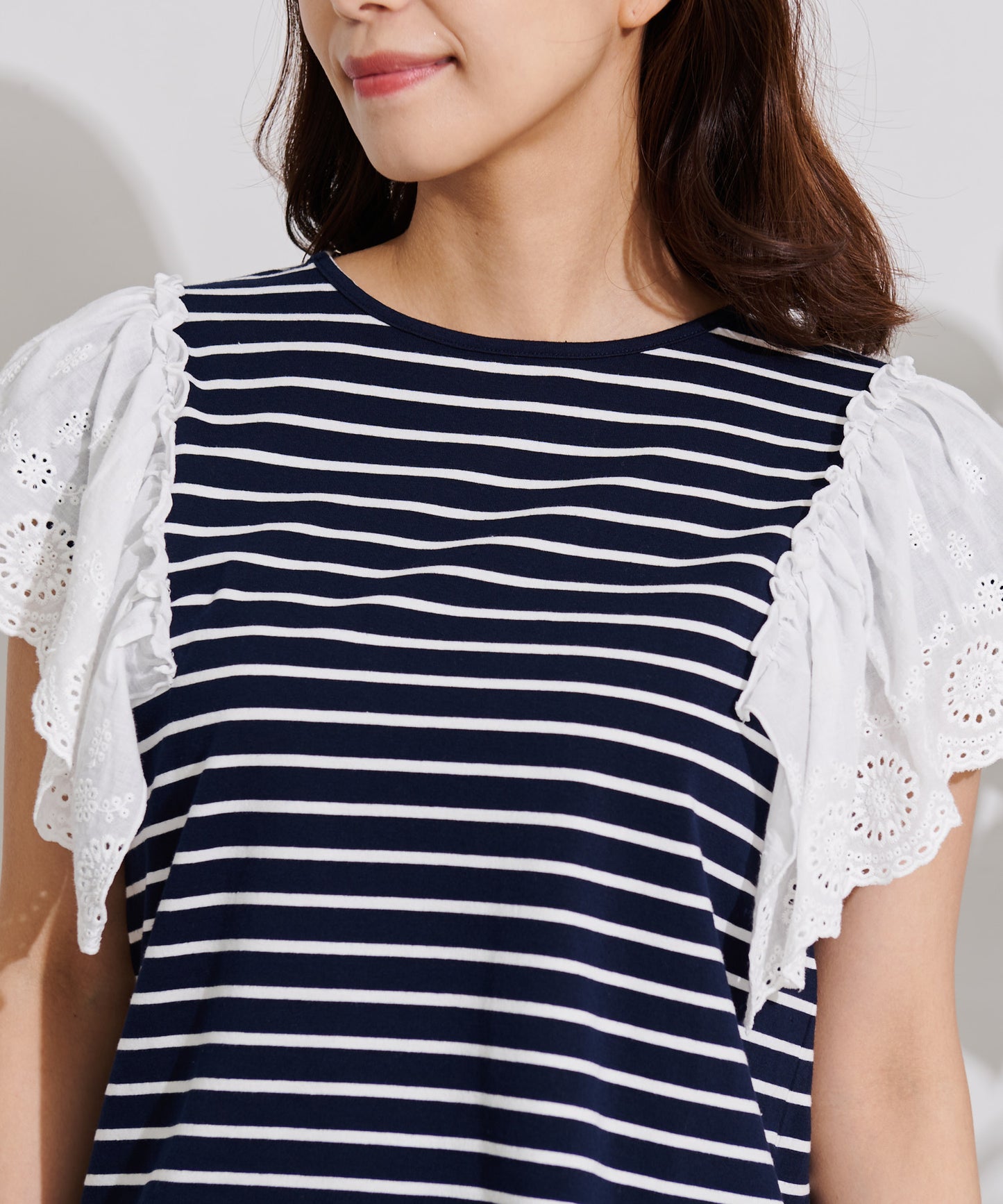 袖レース フレンチスリーブボーダーTシャツ