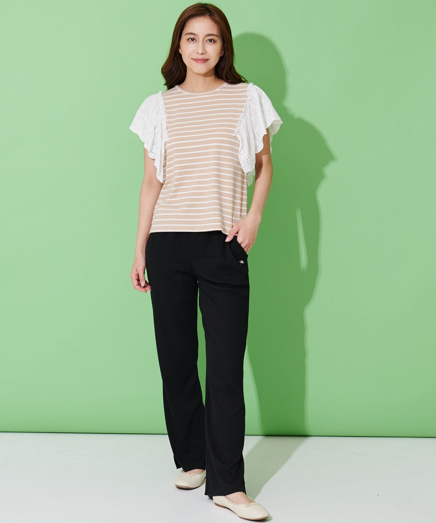 袖レース フレンチスリーブボーダーTシャツ