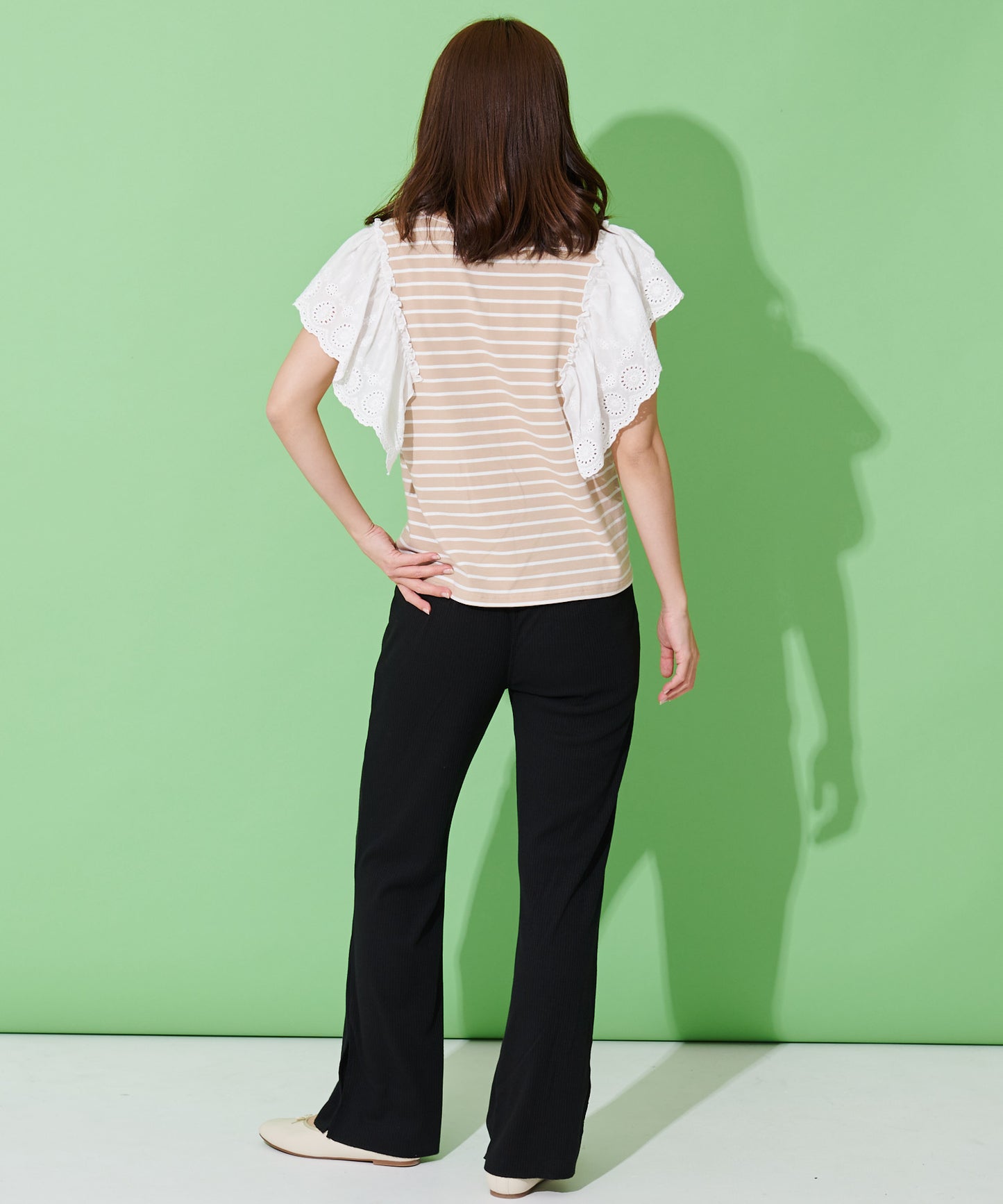 袖レース フレンチスリーブボーダーTシャツ