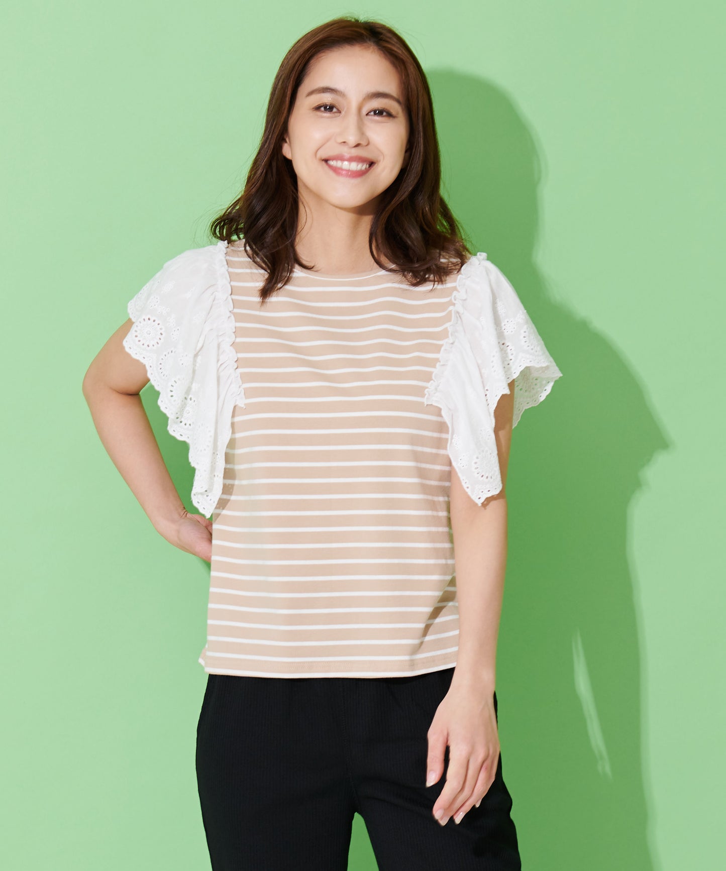 袖レース フレンチスリーブボーダーTシャツ