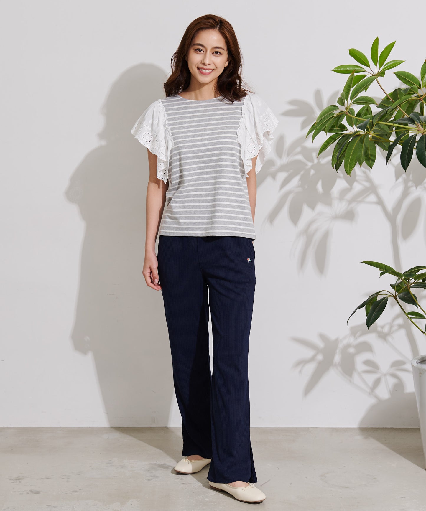 袖レース フレンチスリーブボーダーTシャツ