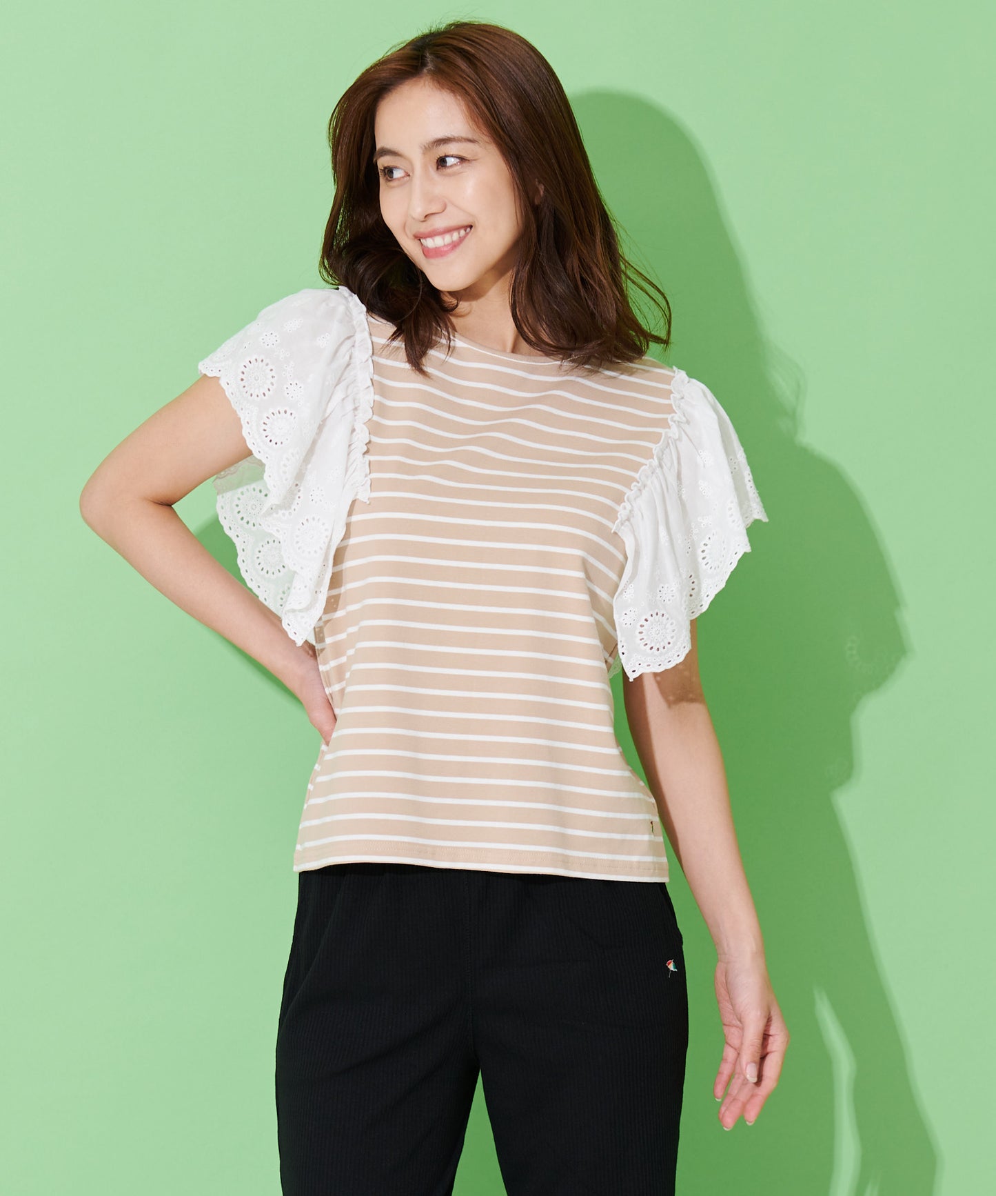 袖レース フレンチスリーブボーダーTシャツ