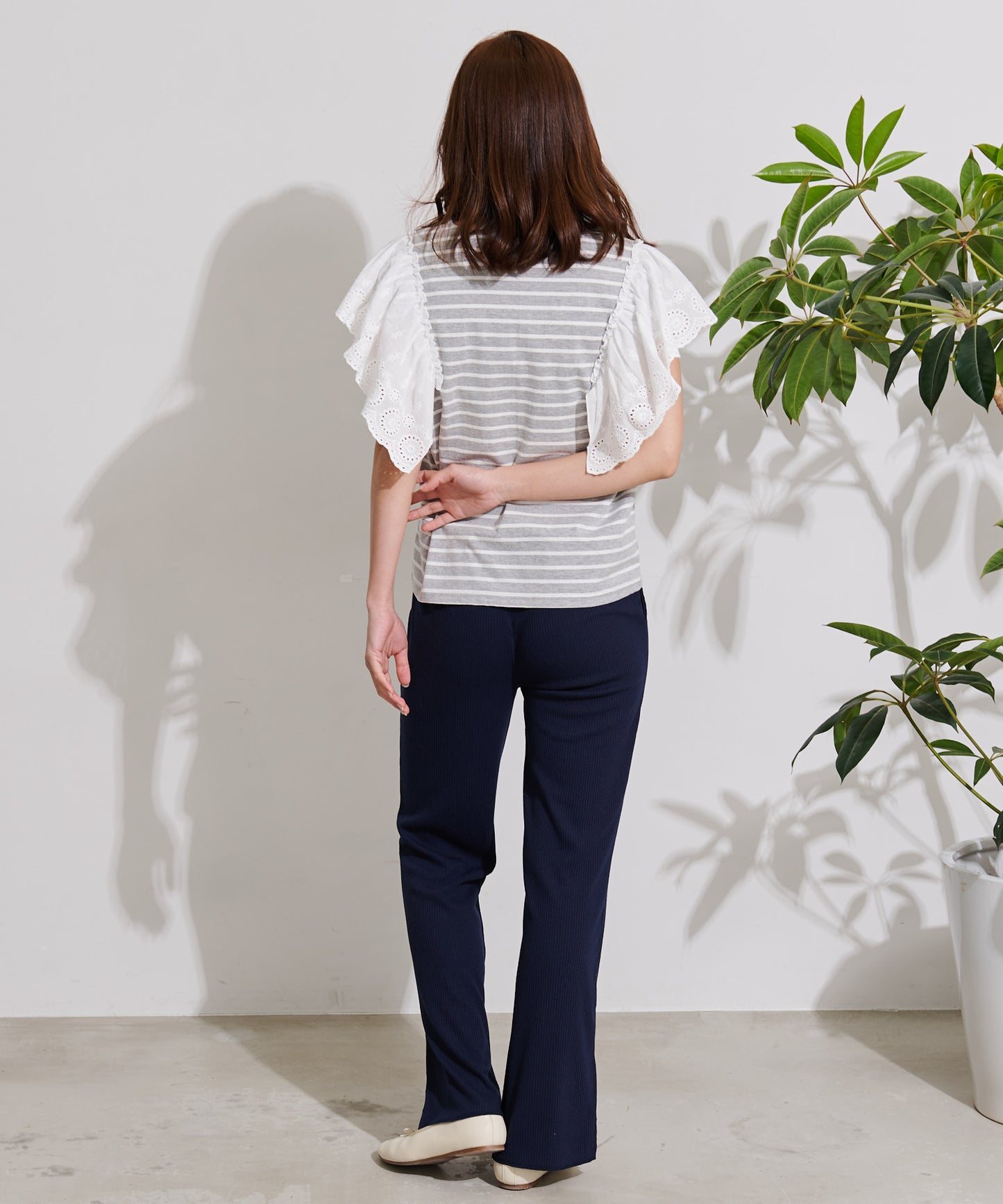 袖レース フレンチスリーブボーダーTシャツ