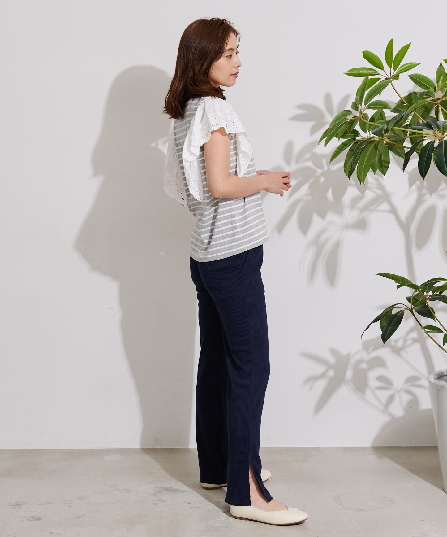 袖レース フレンチスリーブボーダーTシャツ