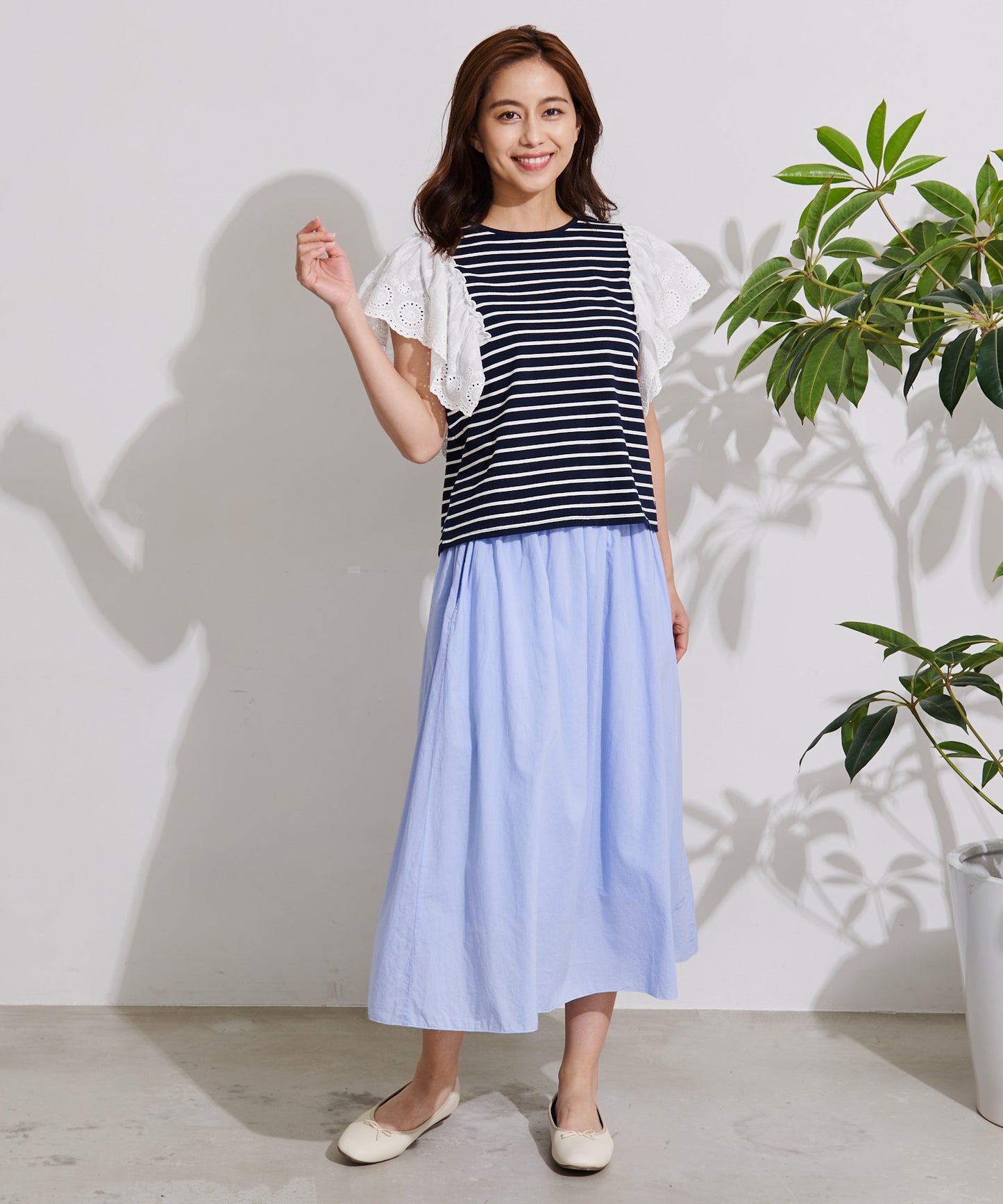 袖レース フレンチスリーブボーダーTシャツ