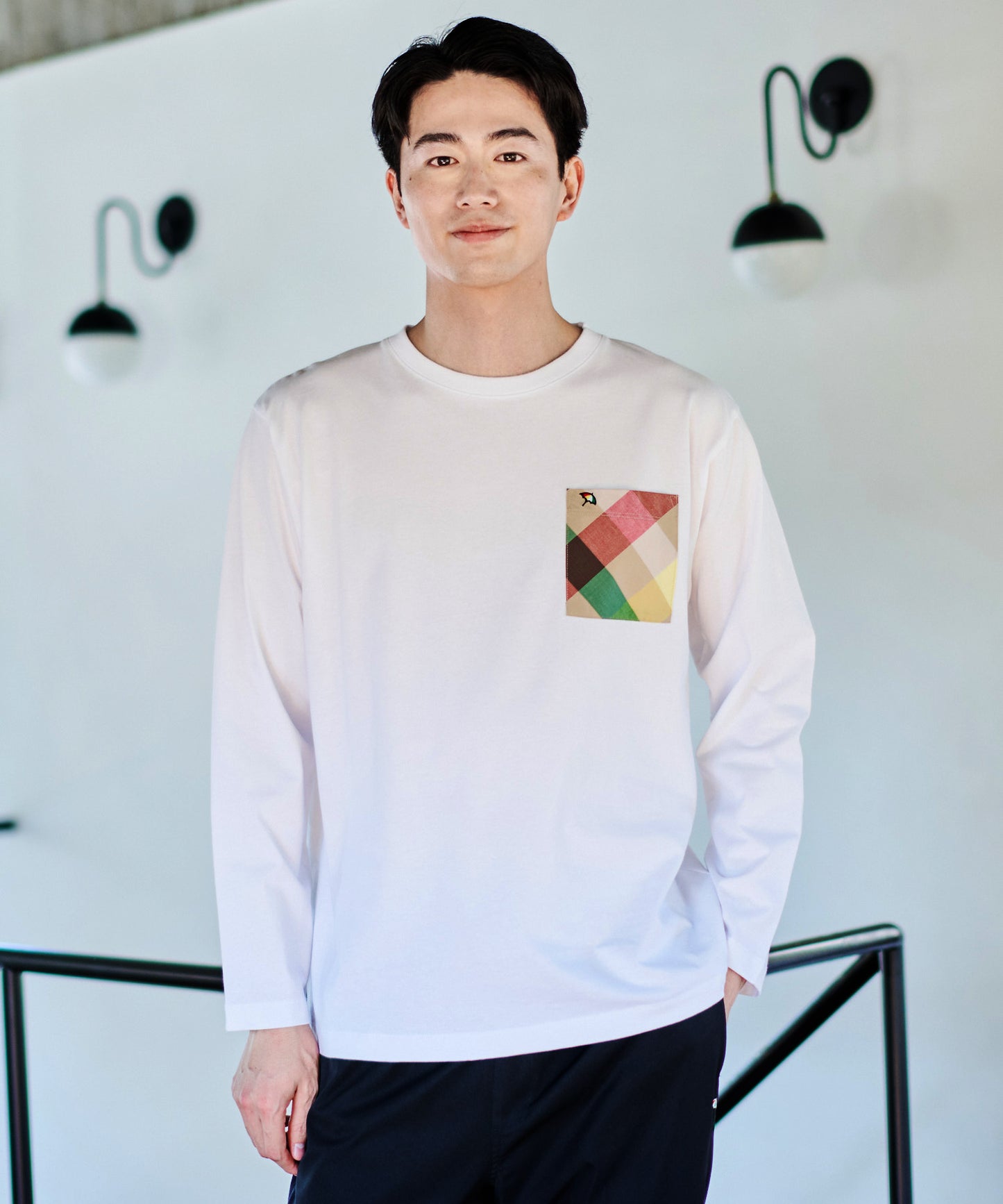 ビックパーマーチェックポケット シェアロングスリーブTシャツ