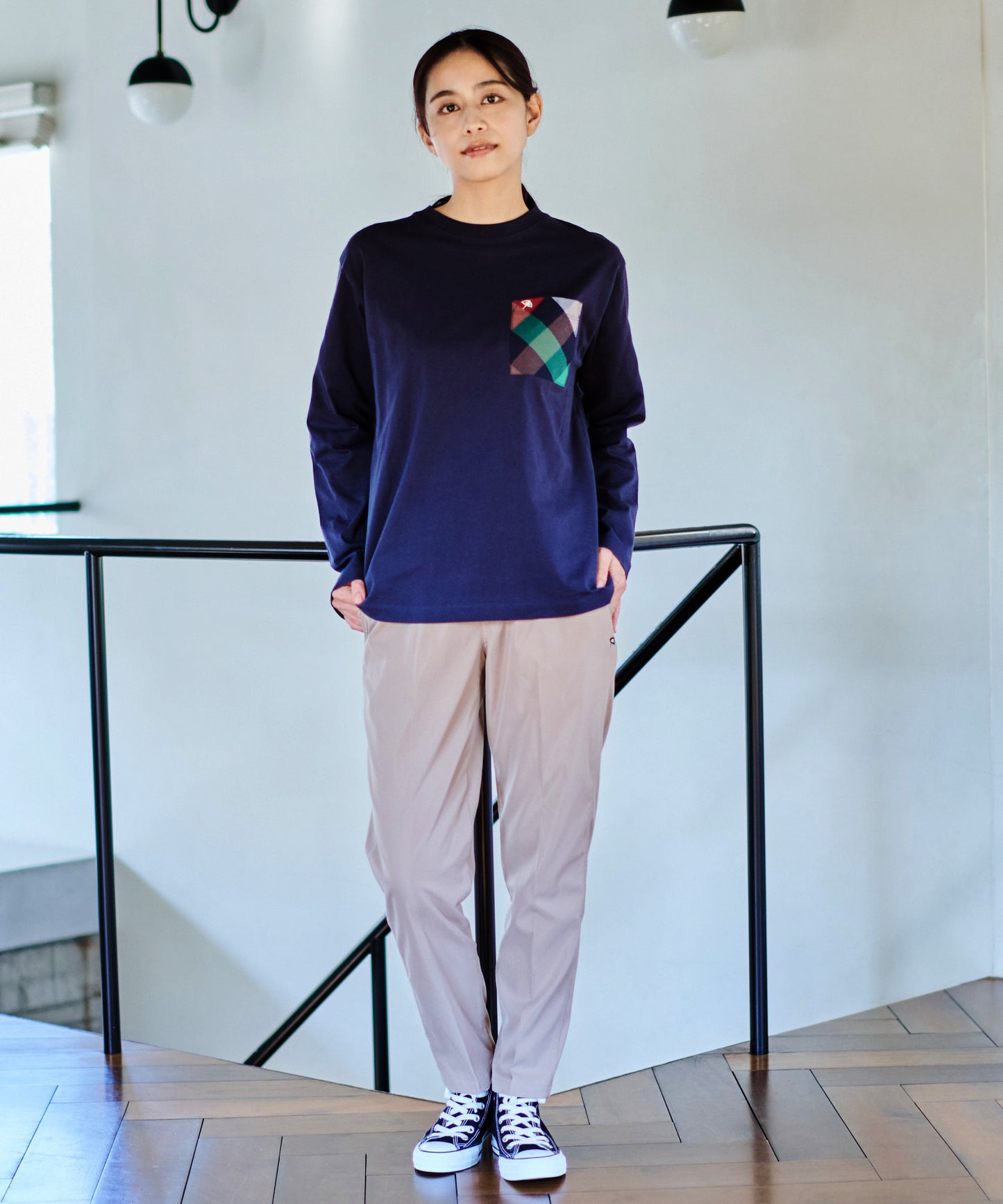 ビックパーマーチェックポケット シェアロングスリーブTシャツ
