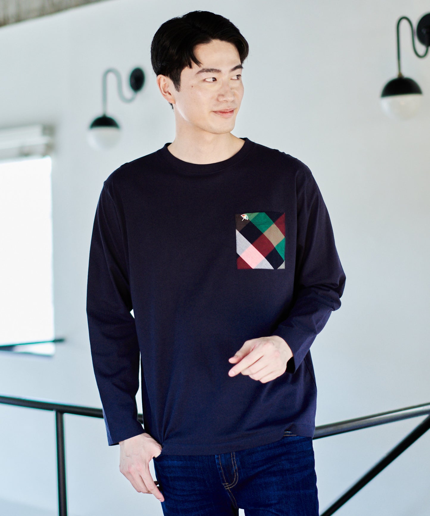 ビックパーマーチェックポケット シェアロングスリーブTシャツ