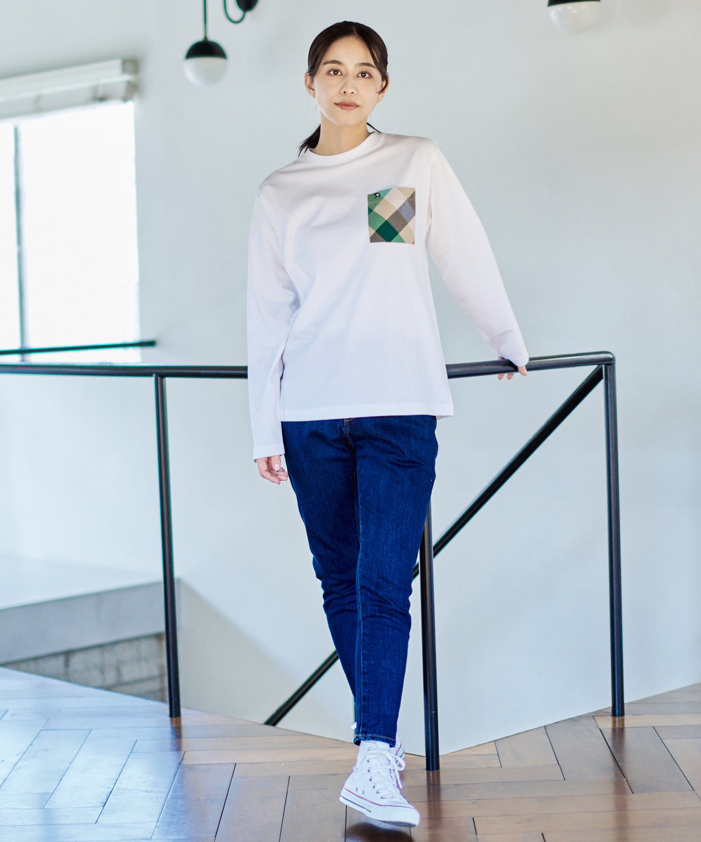 ビックパーマーチェックポケット シェアロングスリーブTシャツ