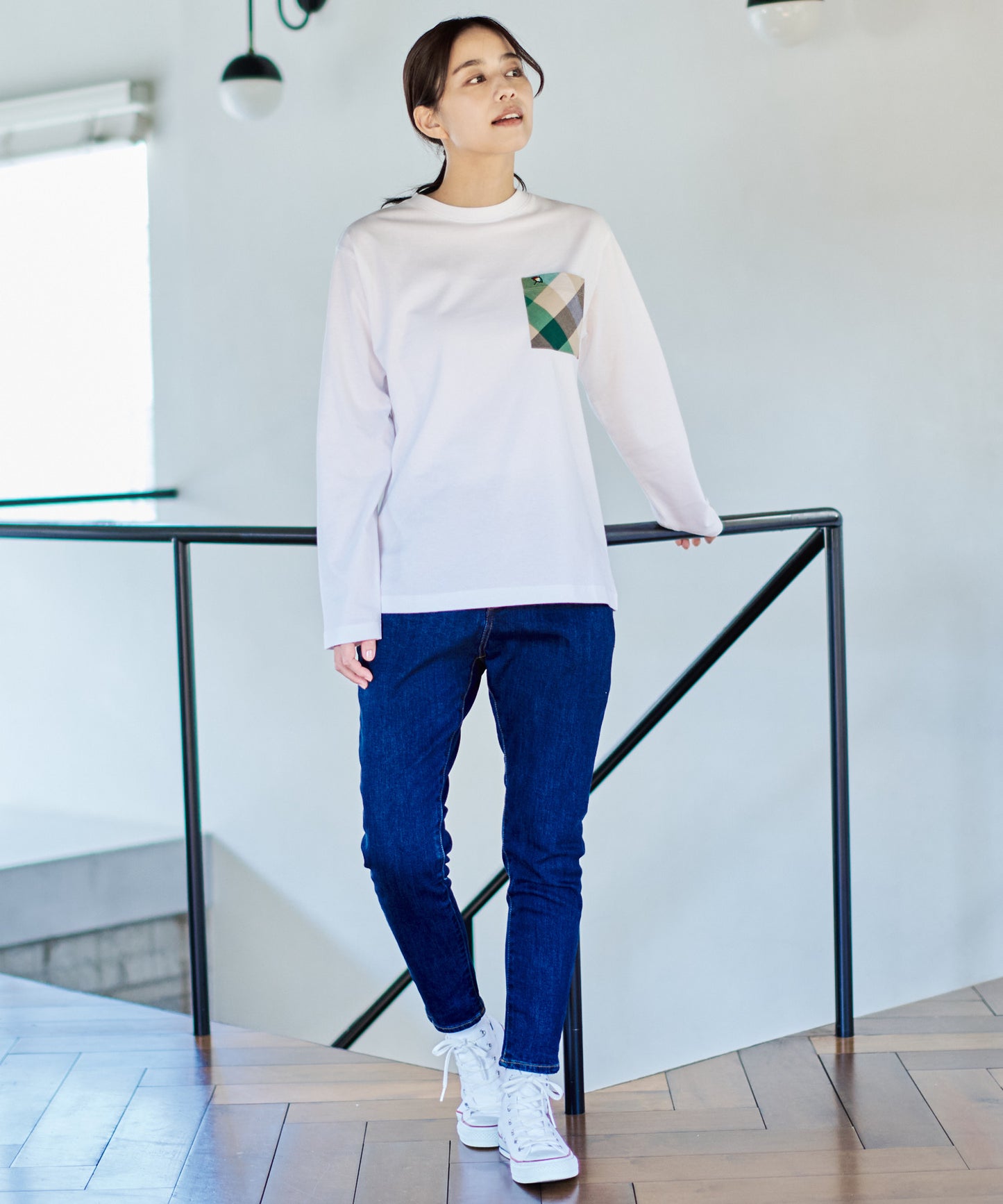 ビックパーマーチェックポケット シェアロングスリーブTシャツ