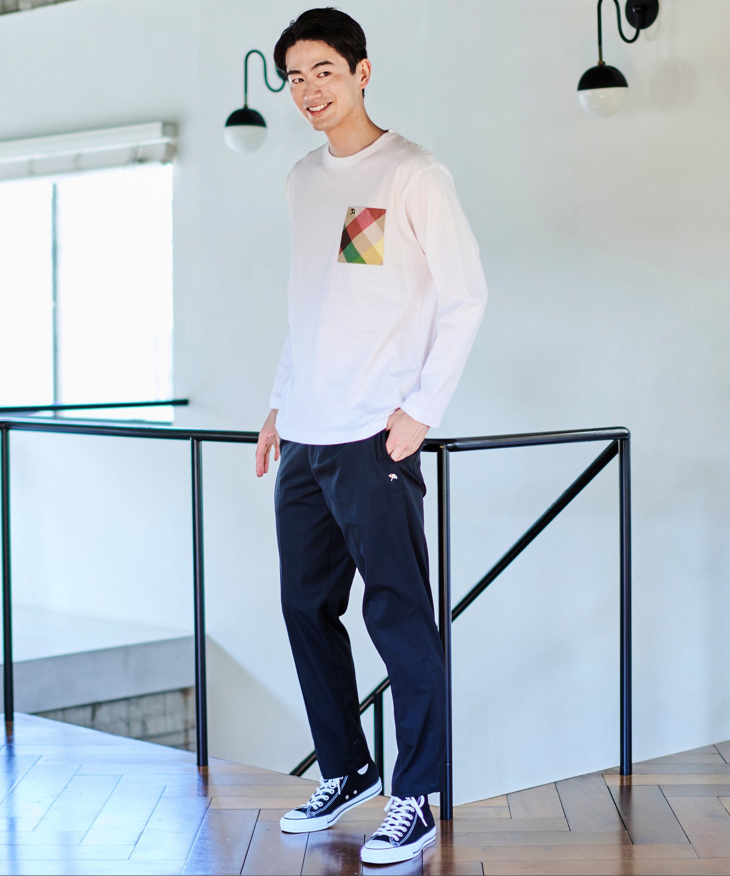 ビックパーマーチェックポケット シェアロングスリーブTシャツ