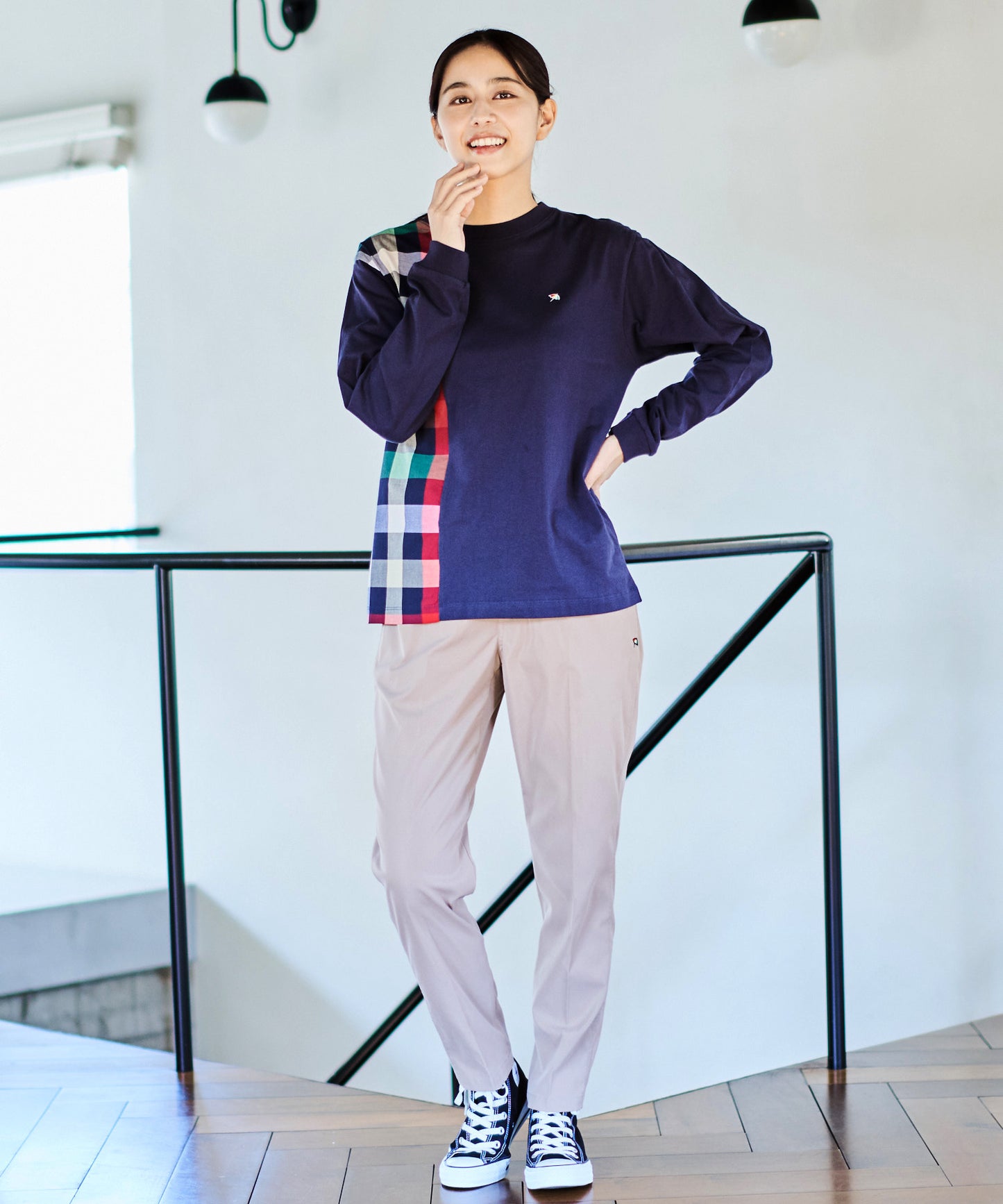 ビックパーマーチェックドッキング シェアロングスリーブTシャツ