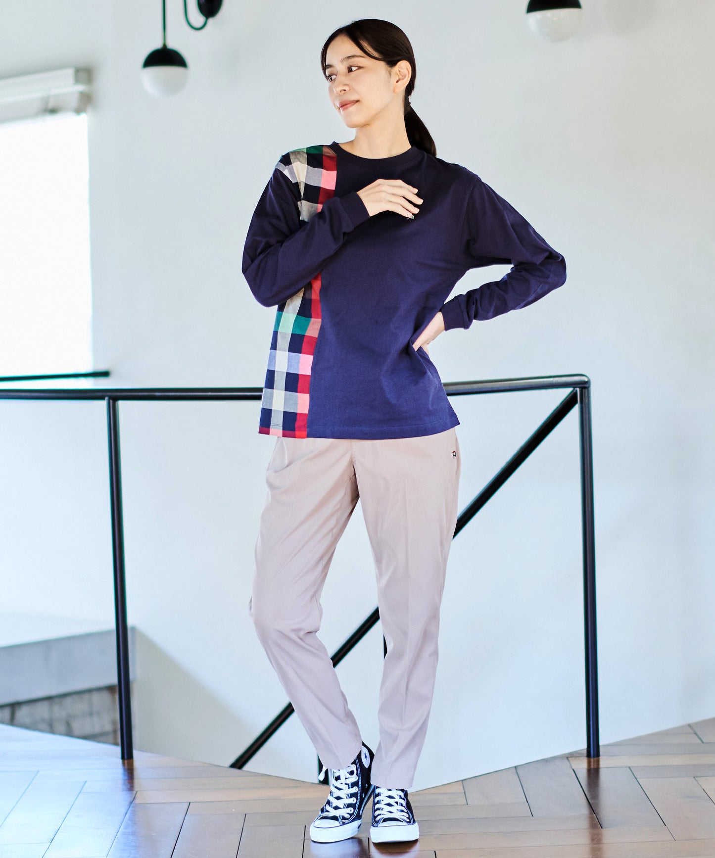 ビックパーマーチェックドッキング シェアロングスリーブTシャツ