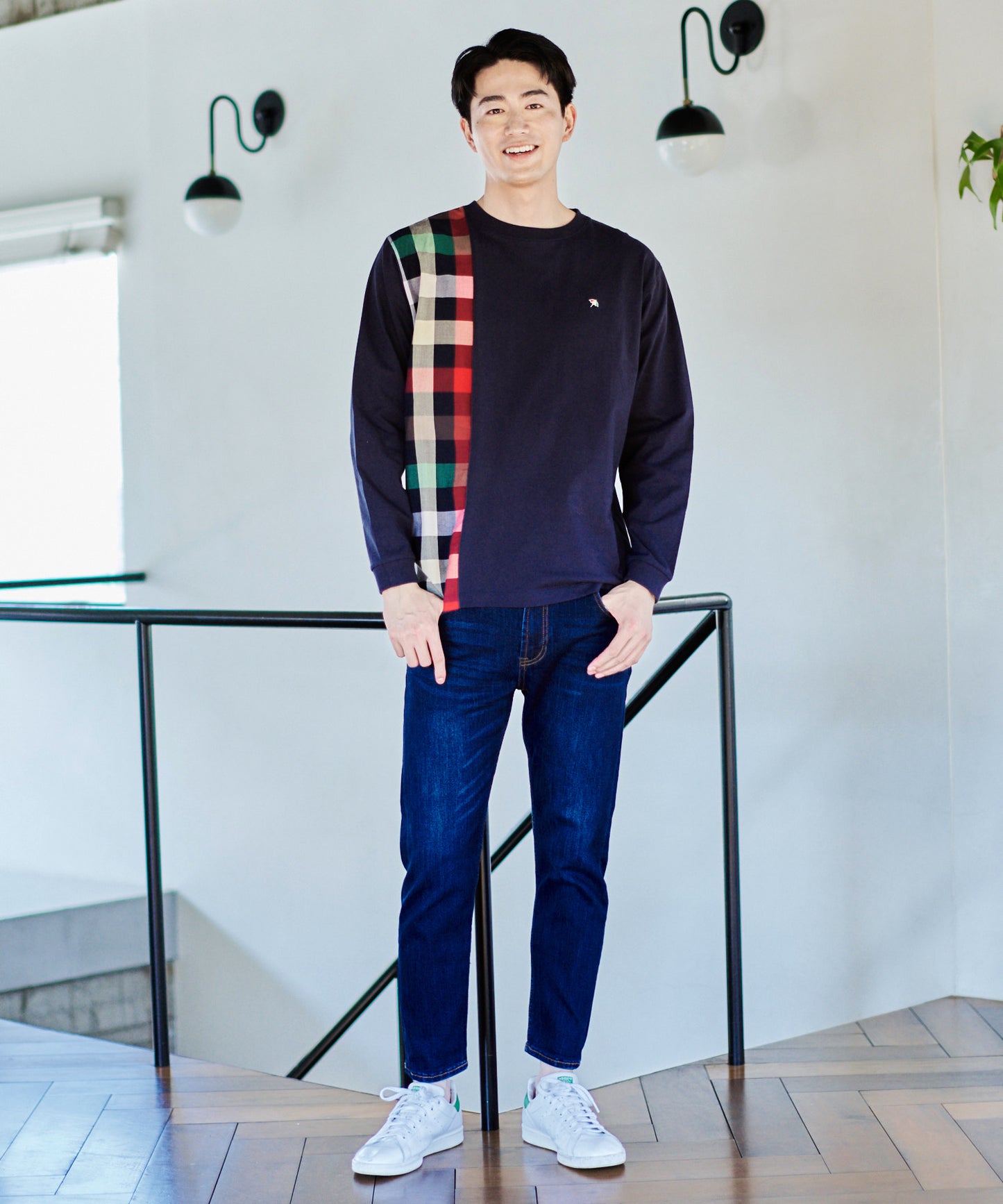 ビックパーマーチェックドッキング シェアロングスリーブTシャツ