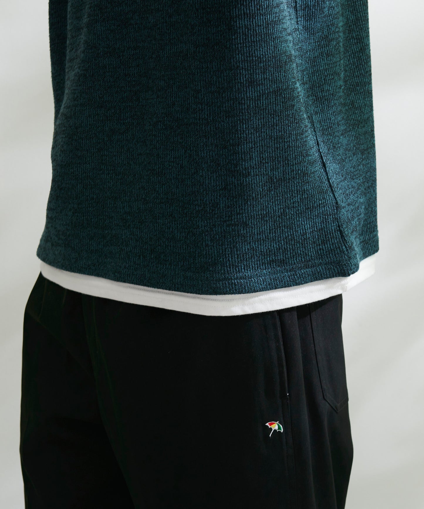 畔ニットソーVネックフェイクレイヤードロングTシャツ