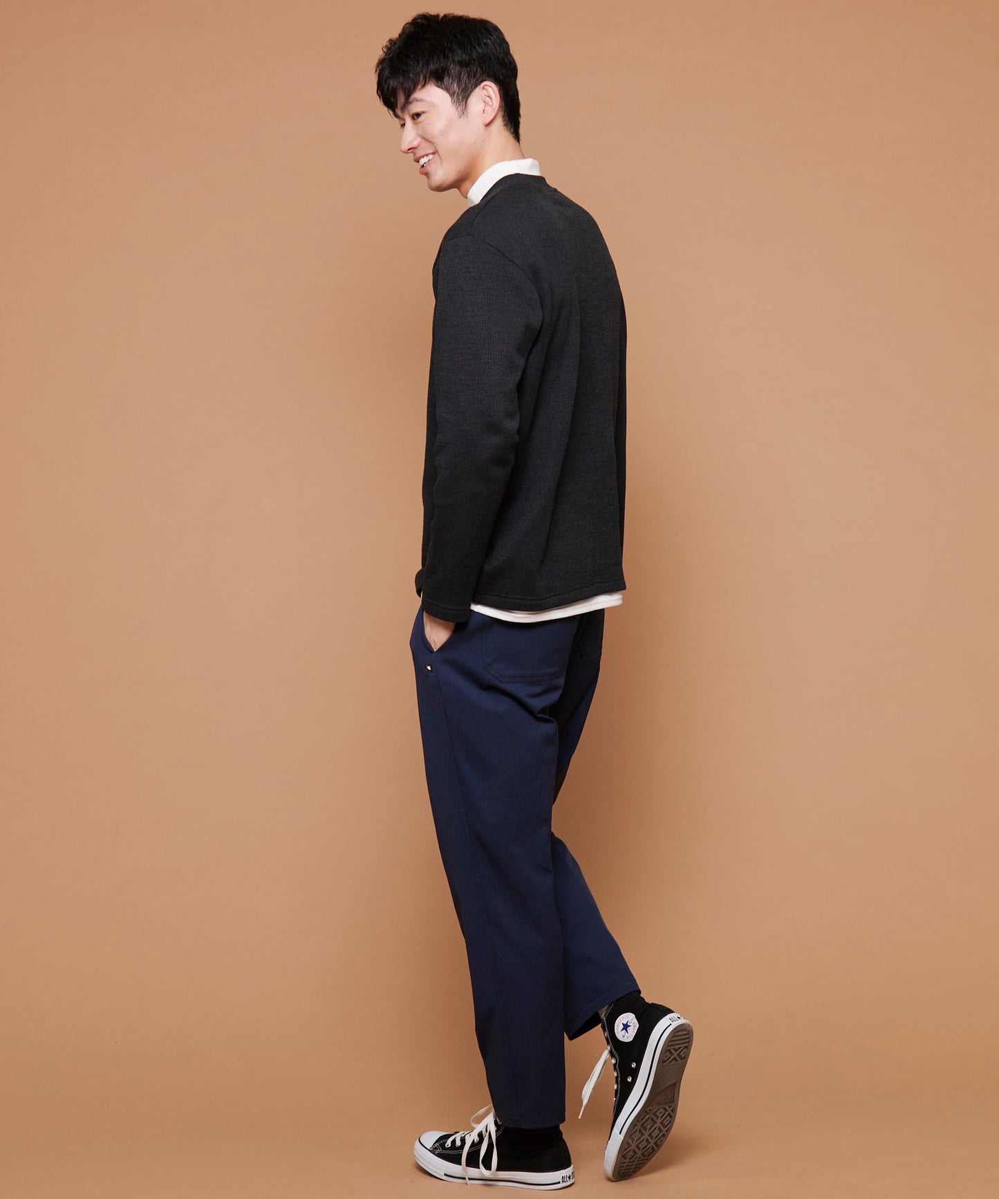 畔ニットソーモックネックフェイクレイヤードロングTシャツ