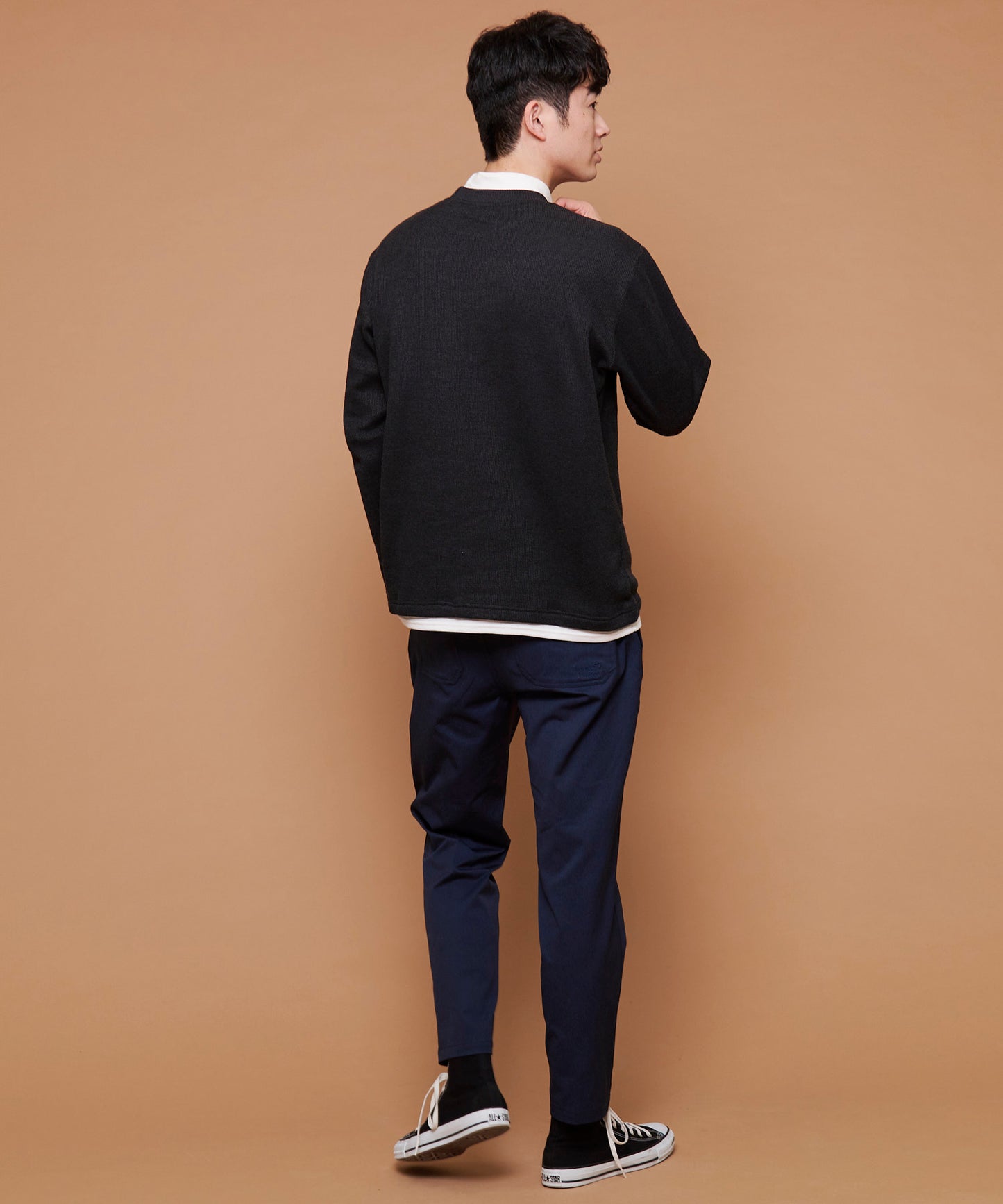 畔ニットソーモックネックフェイクレイヤードロングTシャツ
