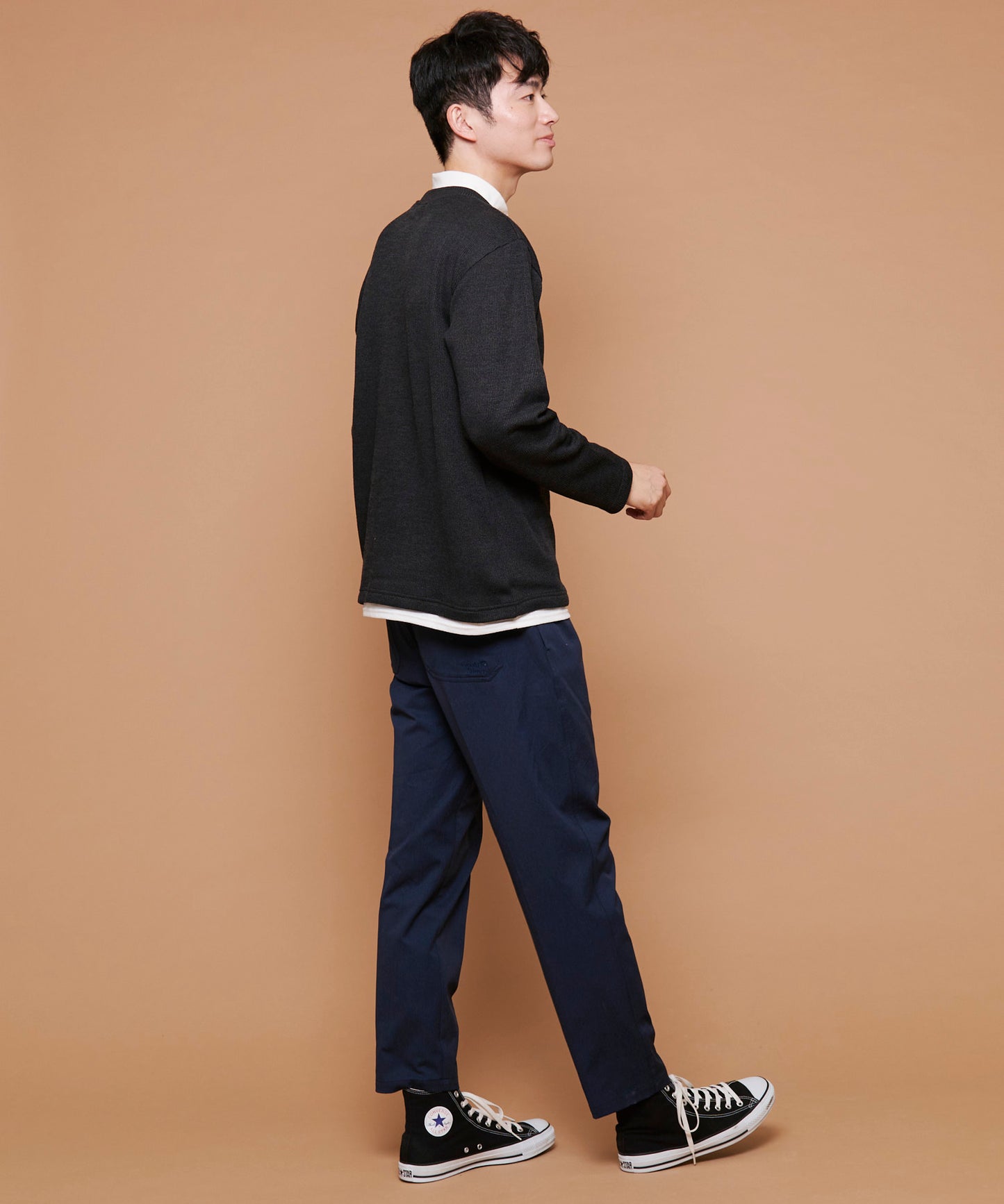 畔ニットソーモックネックフェイクレイヤードロングTシャツ