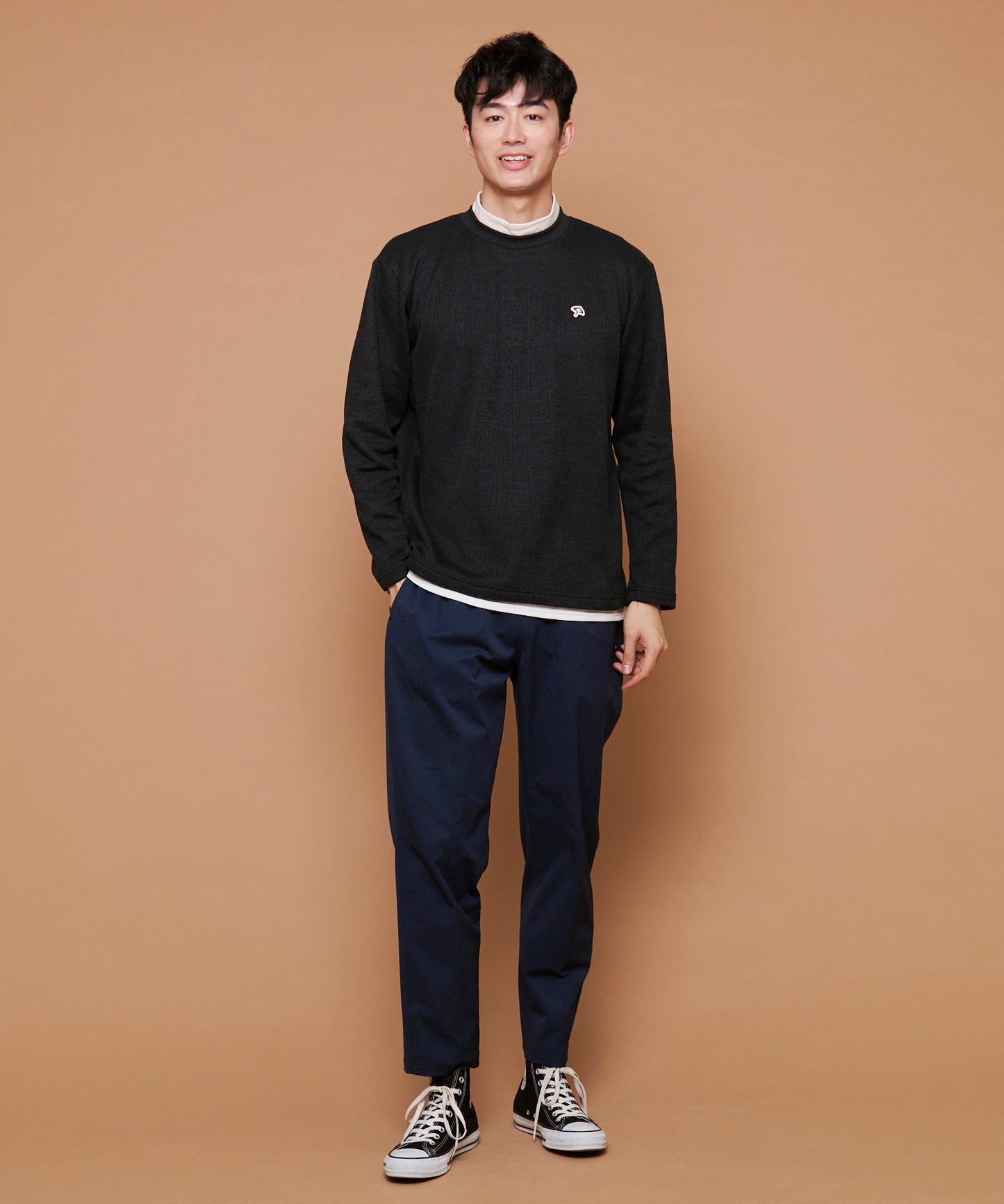 畔ニットソーモックネックフェイクレイヤードロングTシャツ