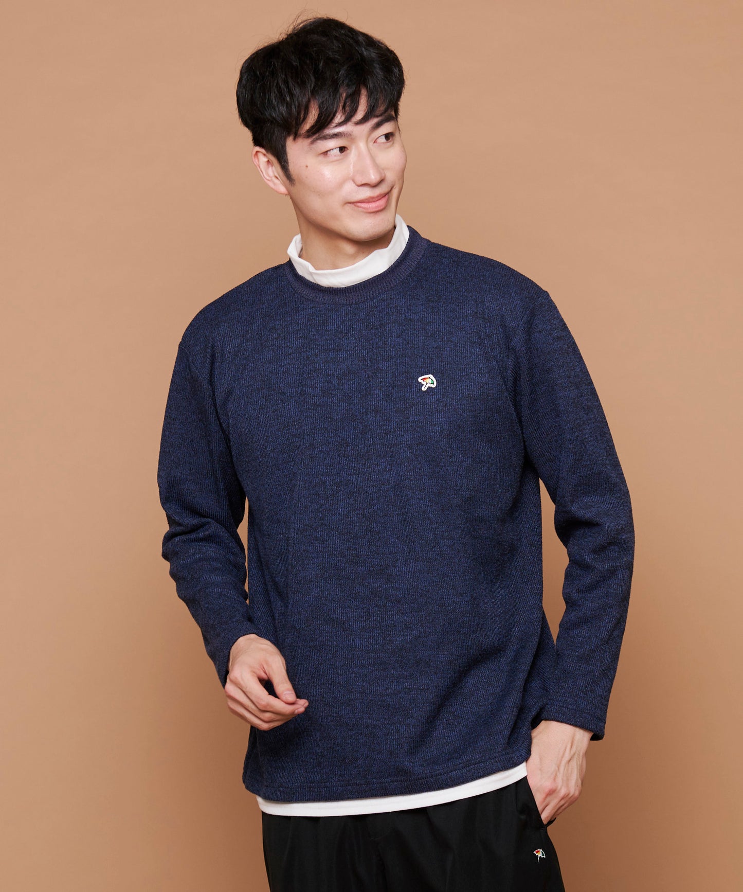 畔ニットソーモックネックフェイクレイヤードロングTシャツ