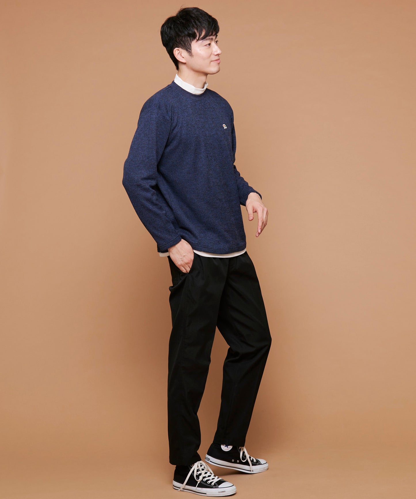 畔ニットソーモックネックフェイクレイヤードロングTシャツ