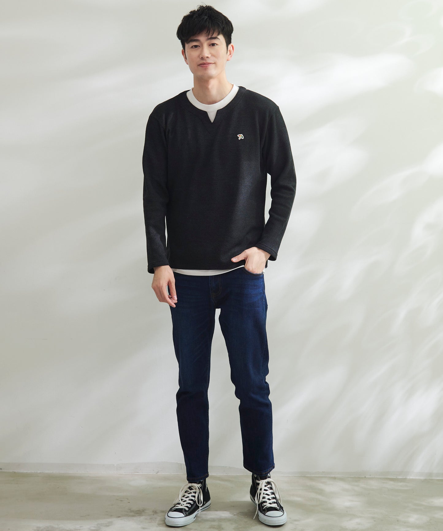 畔ニットソーキーネックフェイクレイヤードロングTシャツ