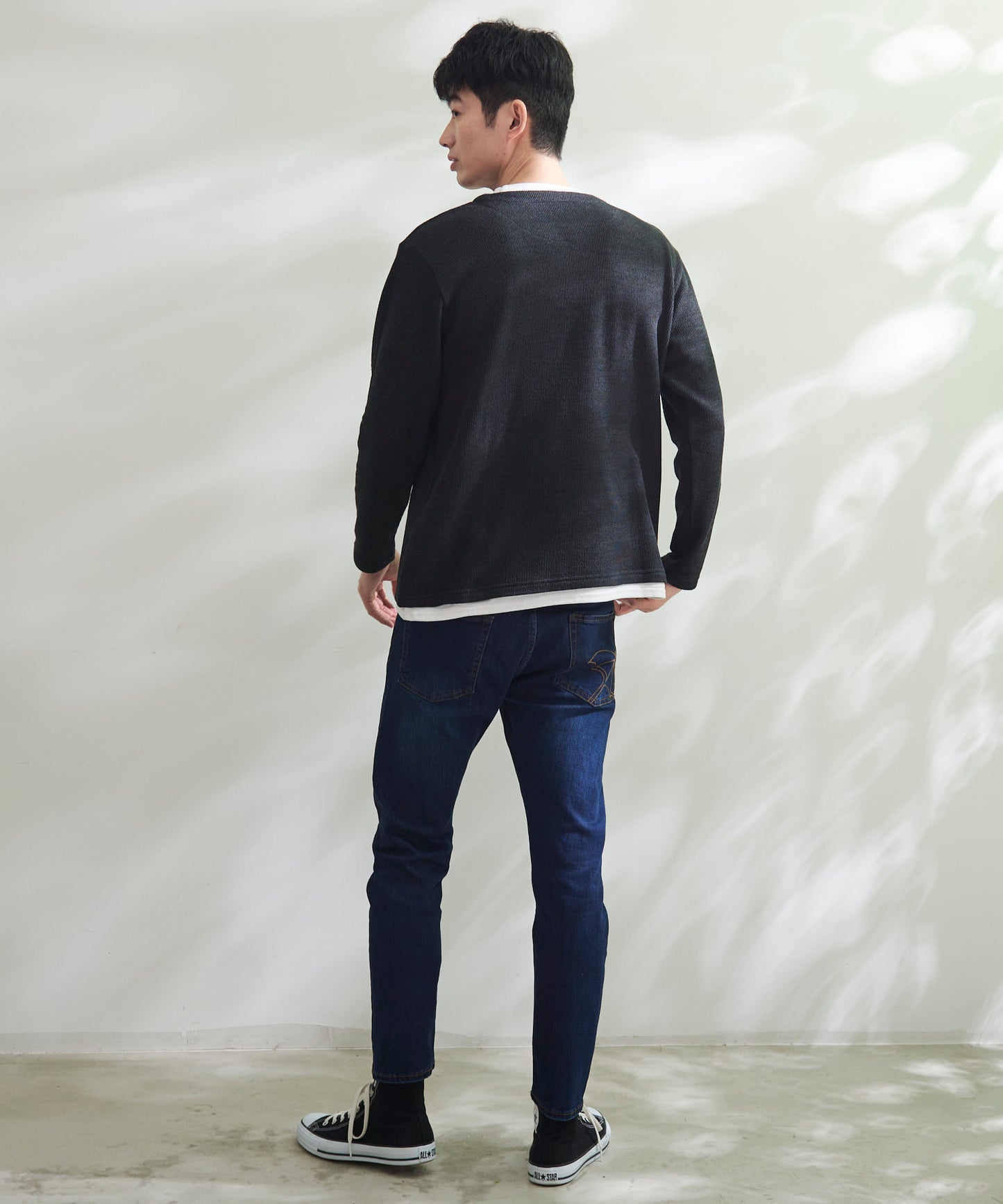 畔ニットソーキーネックフェイクレイヤードロングTシャツ