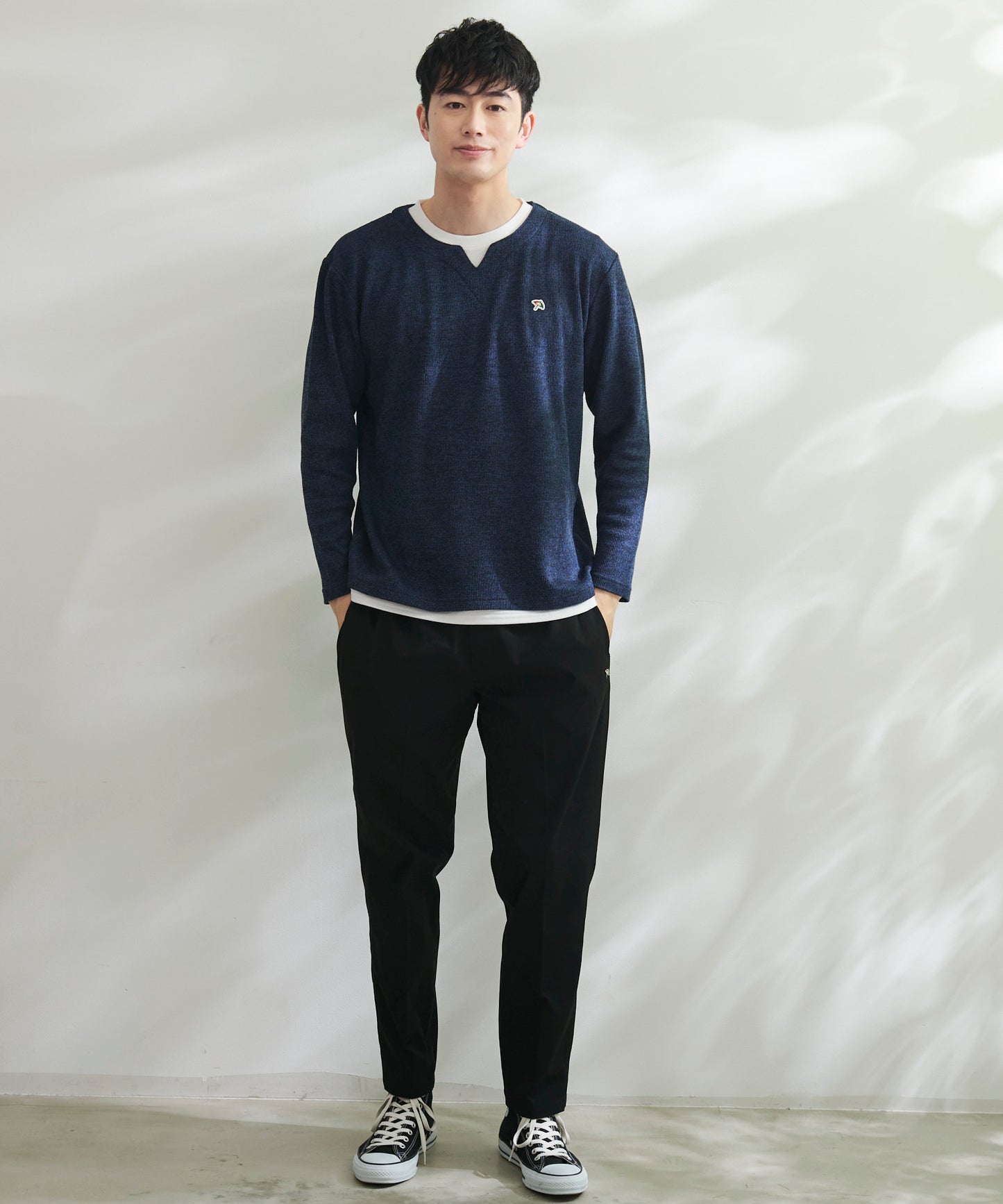 畔ニットソーキーネックフェイクレイヤードロングTシャツ