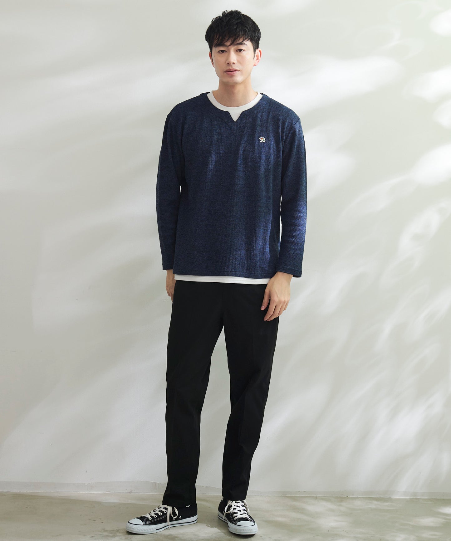 畔ニットソーキーネックフェイクレイヤードロングTシャツ