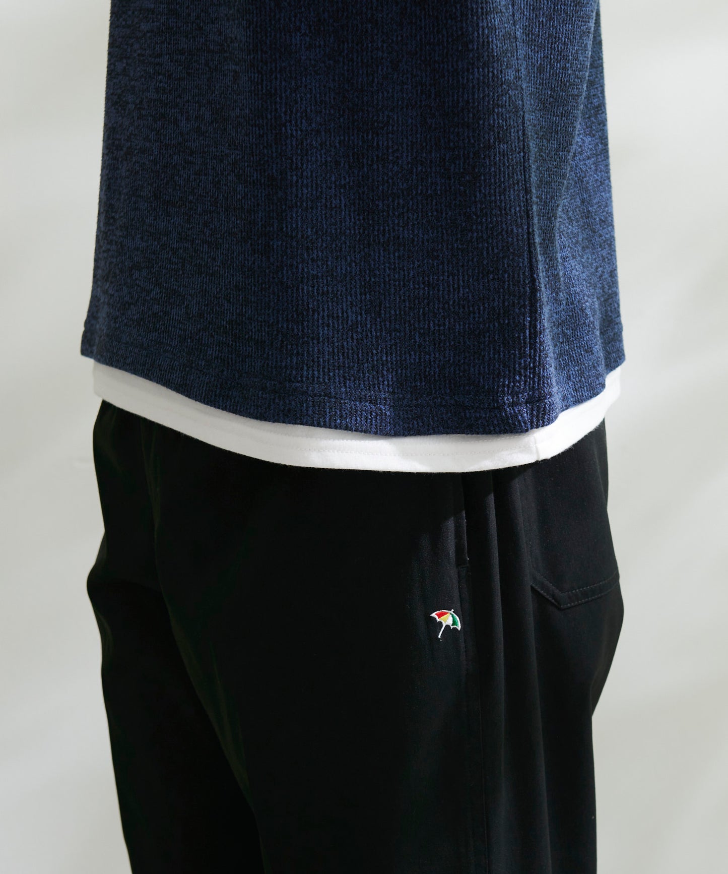 畔ニットソーキーネックフェイクレイヤードロングTシャツ