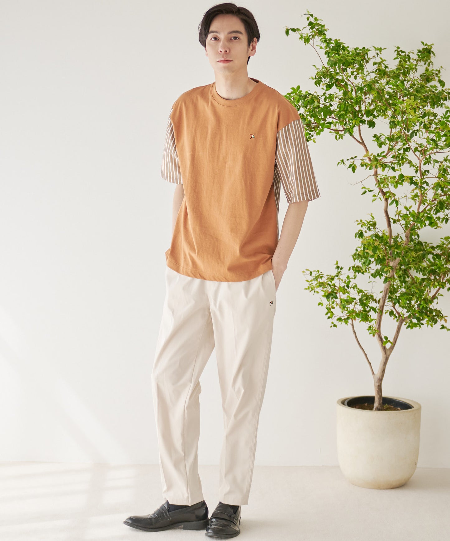【残り2点】布帛ドッキング5分袖 Tシャツ