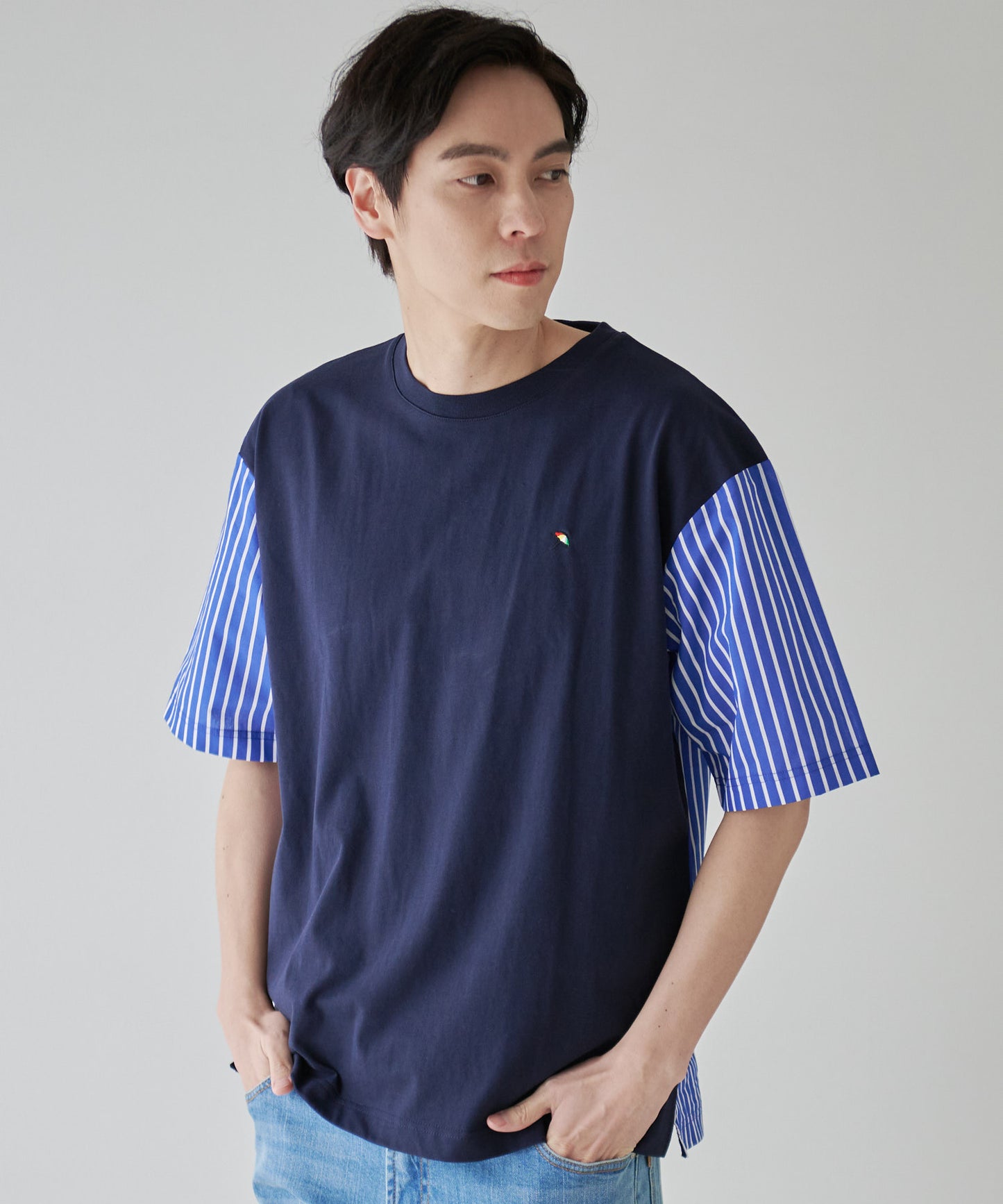 【残り2点】布帛ドッキング5分袖 Tシャツ