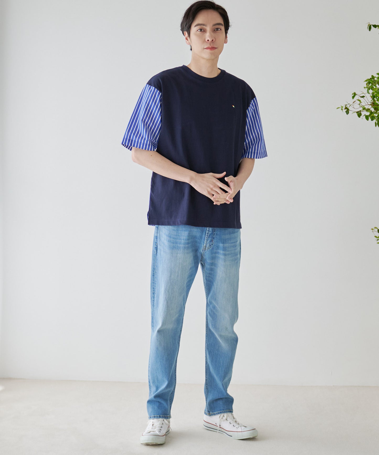 【残り2点】布帛ドッキング5分袖 Tシャツ