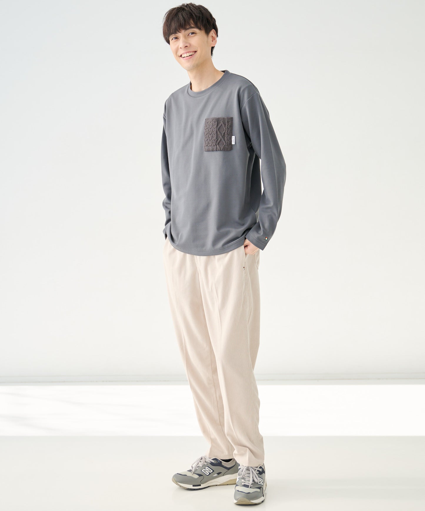 梨地起毛ポケット 異素材 ロングスリーブTシャツ
